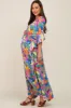 Magenta Multicolor Leaf Pint Tassel Tie Maternity Maxi Dress sold by Pinkblush