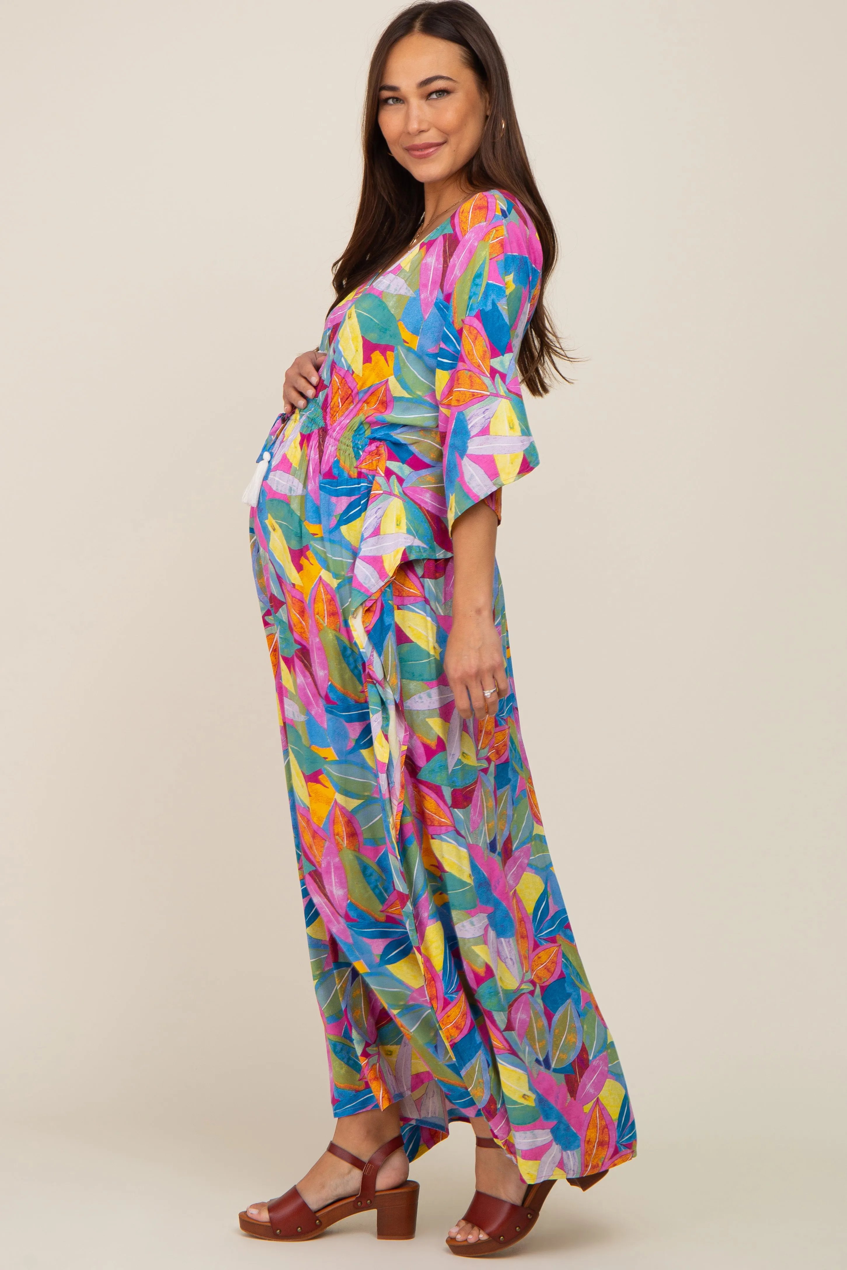 Magenta Multicolor Leaf Pint Tassel Tie Maternity Maxi Dress sold by Pinkblush product image thumbnail 2