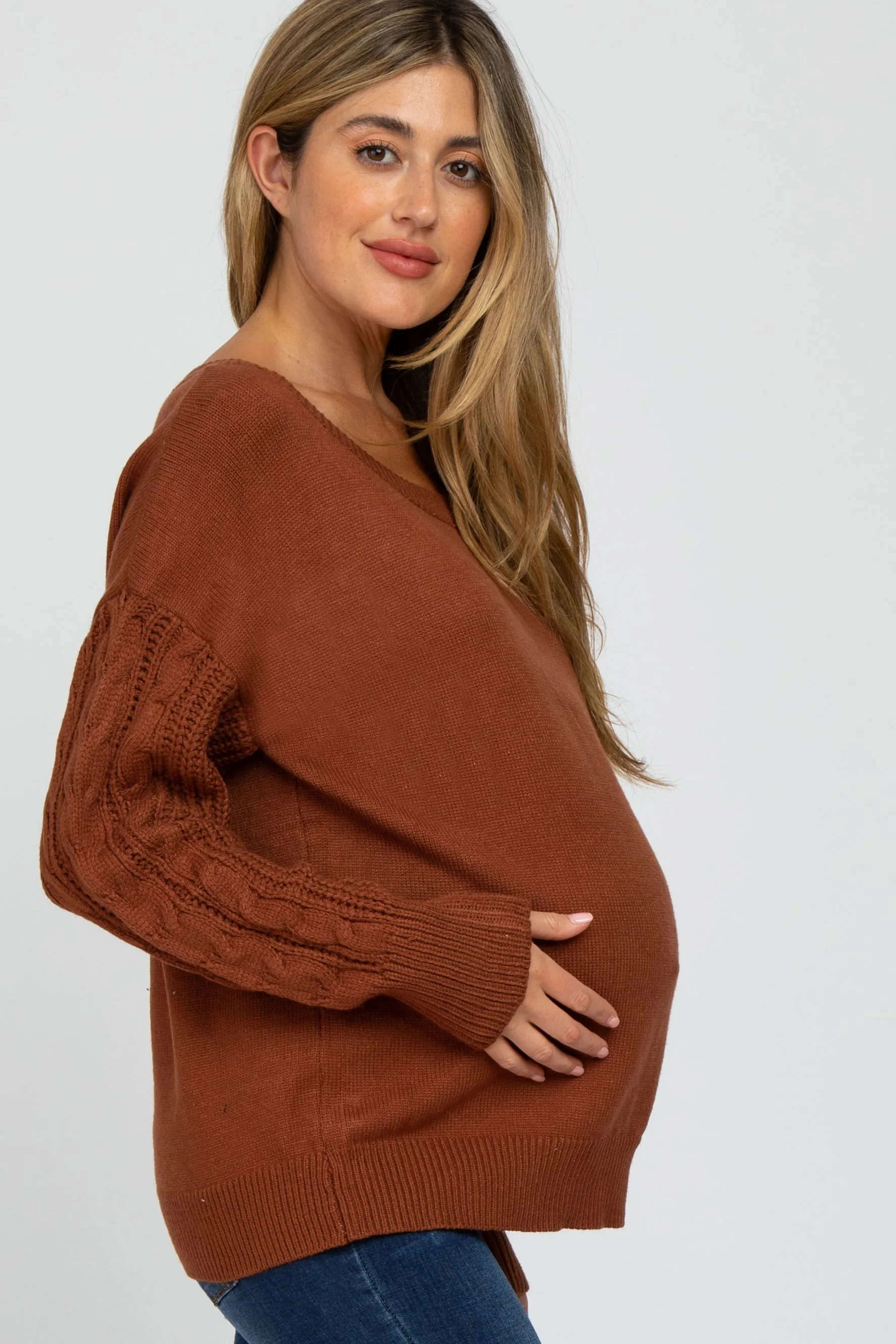 Camel Knit Braided Sleeve Maternity Sweater sold by Pinkblush product image thumbnail 2