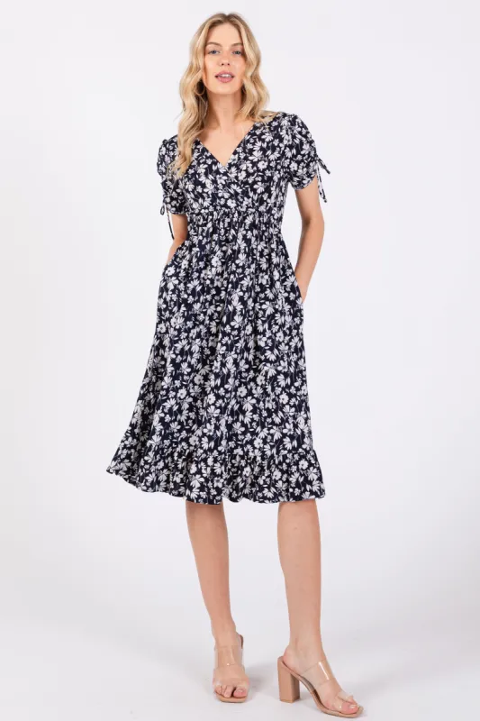 Navy Blue Floral Wrap Midi Dress sold by Pinkblush