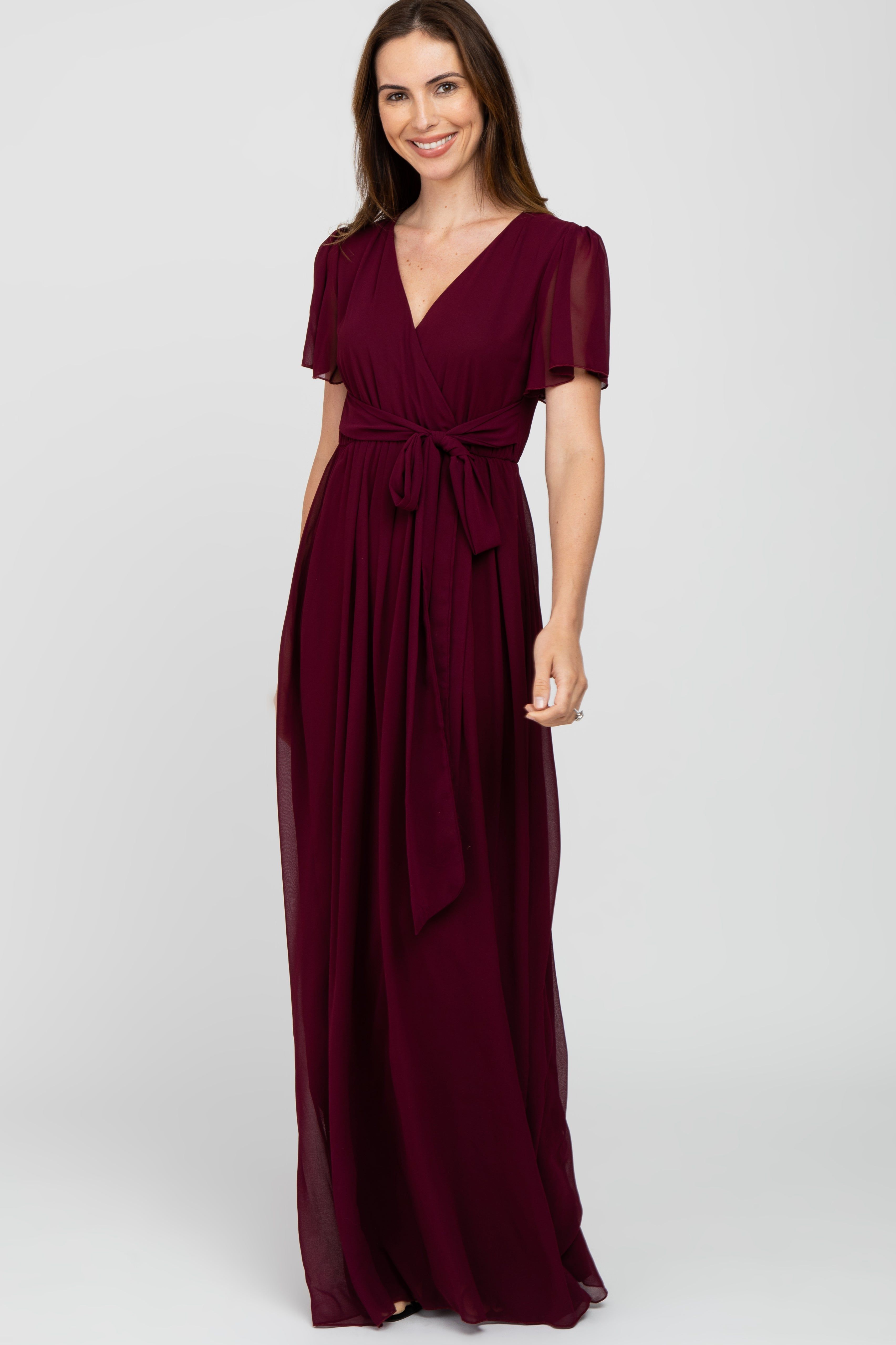 Burgundy Chiffon Short Sleeve Maternity Maxi Dress sold by Pinkblush product image thumbnail 4