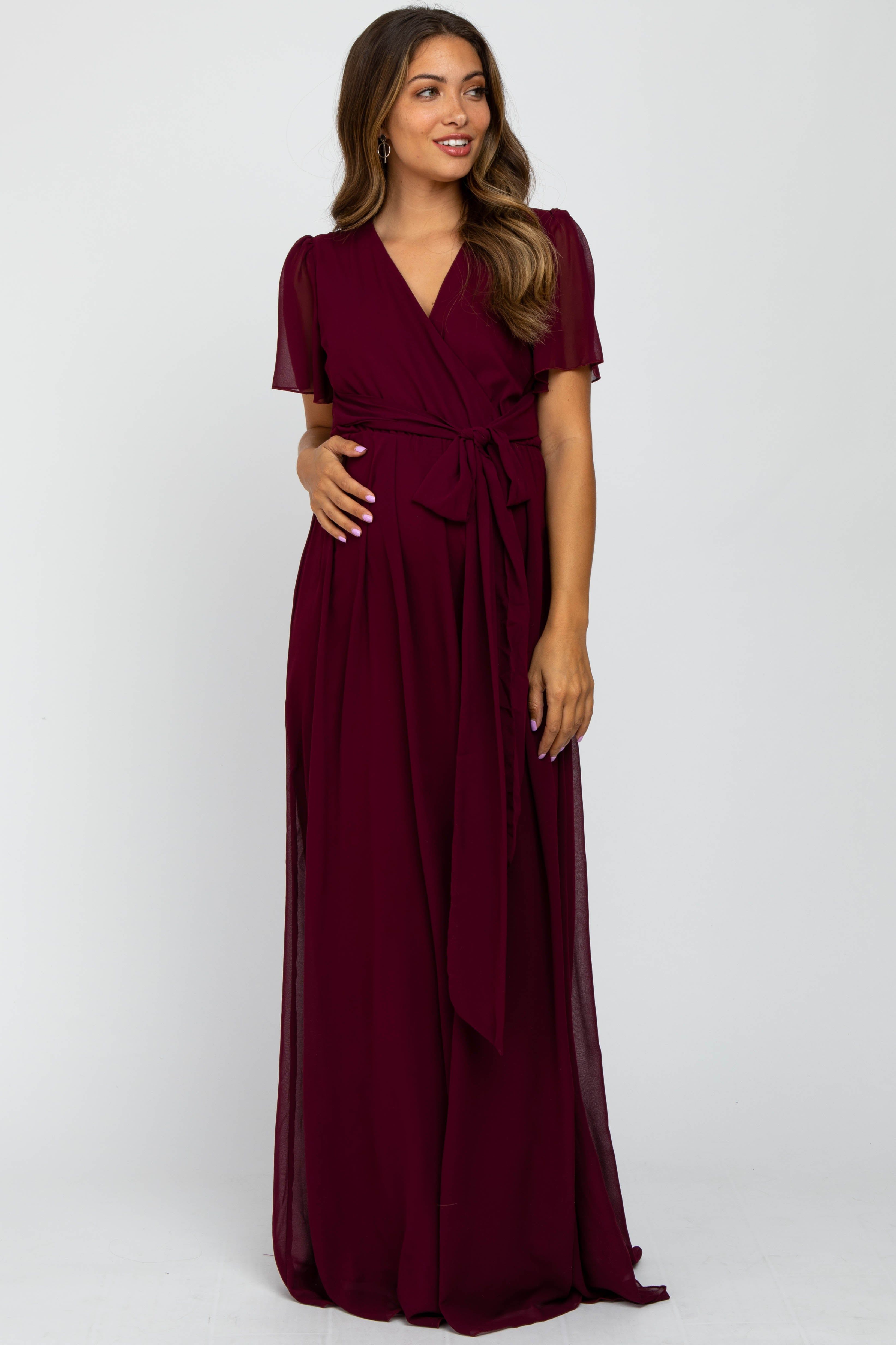 Burgundy Chiffon Short Sleeve Maternity Maxi Dress sold by Pinkblush