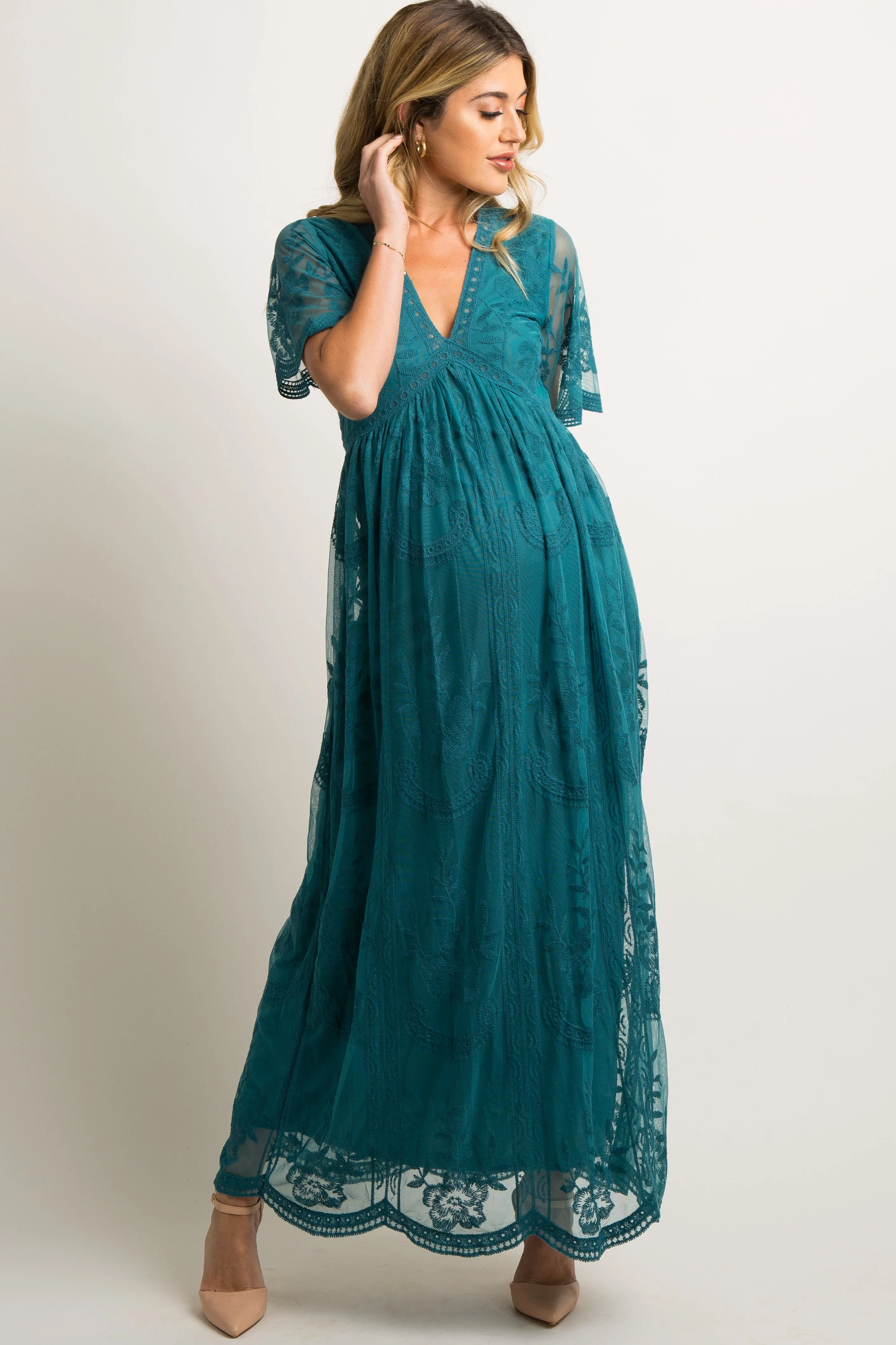 PinkBlush Teal Lace Mesh Overlay Maternity Maxi Dress sold by Pinkblush