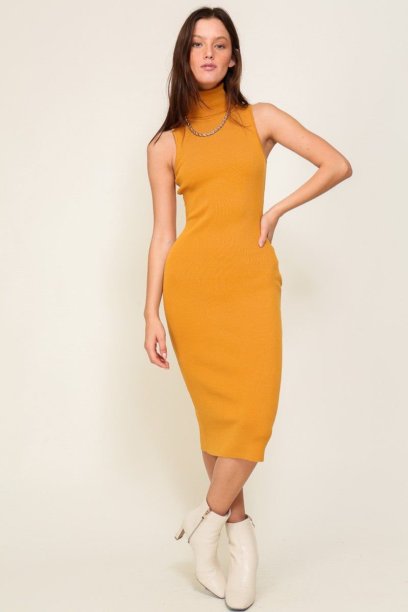 Mustard Knit Fitted Turtleneck Midi Dress sold by Pinkblush