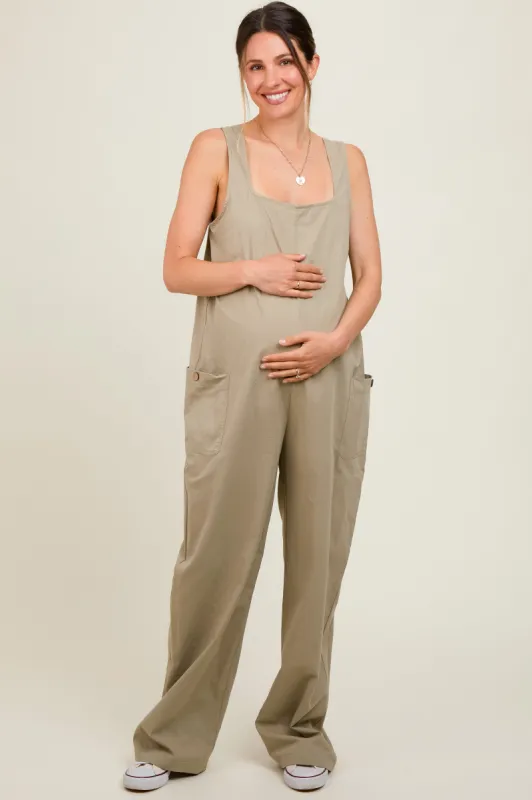 Olive Sleeveless Wide Leg Cutout Back Maternity Jumpsuit sold by Pinkblush