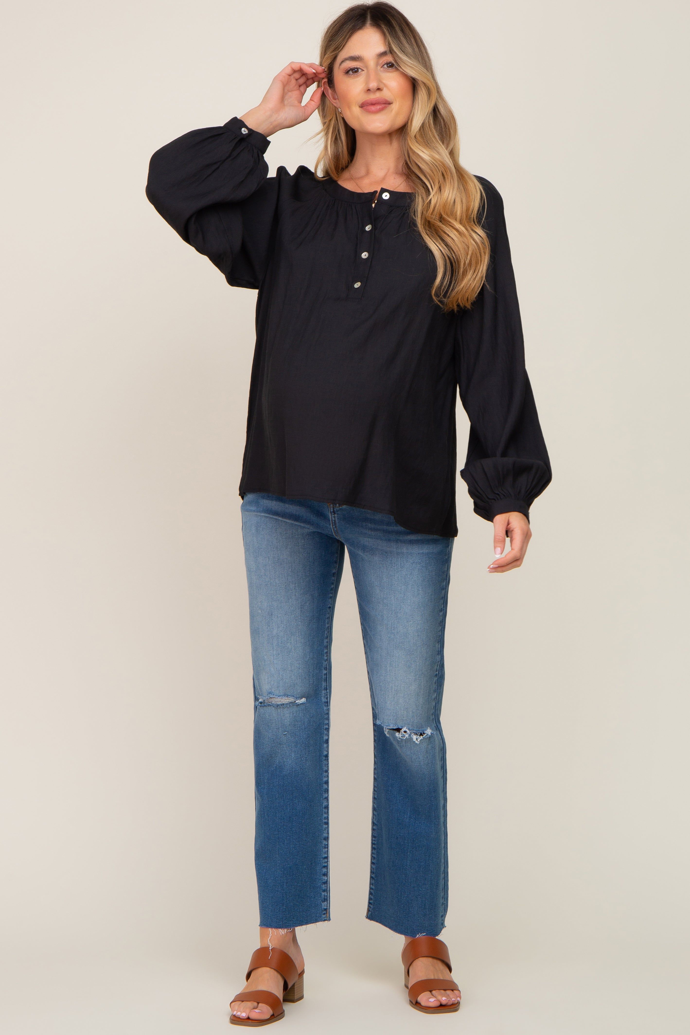 Black Button Front Long Puff Sleeve Maternity Top sold by Pinkblush product image thumbnail 4