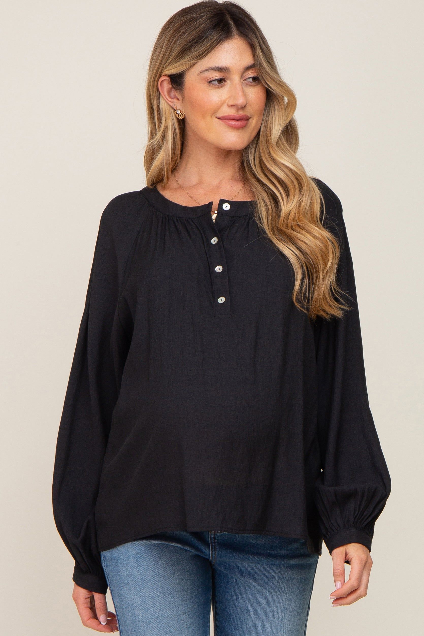Black Button Front Long Puff Sleeve Maternity Top sold by Pinkblush