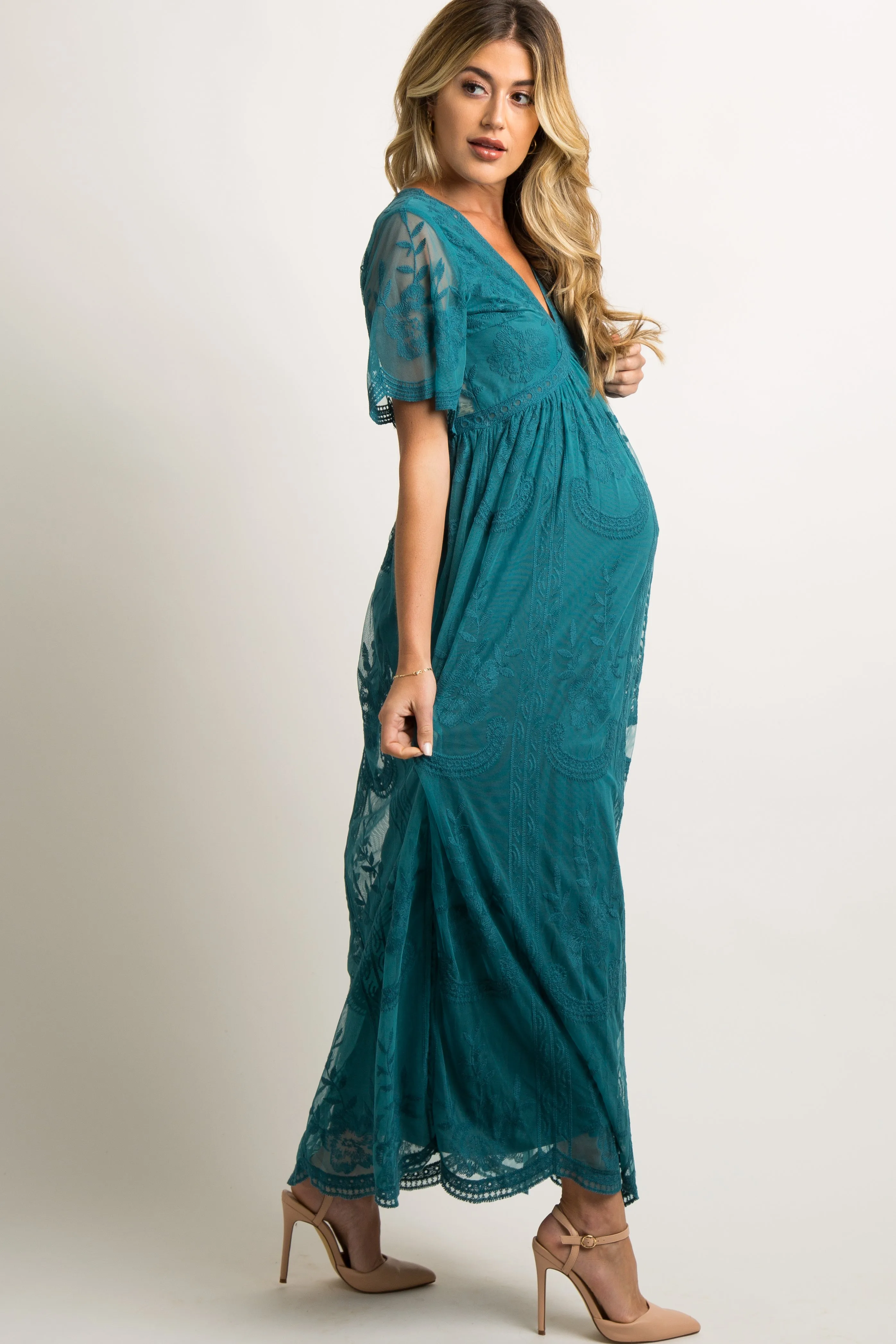 PinkBlush Teal Lace Mesh Overlay Maternity Maxi Dress sold by Pinkblush product image thumbnail 2