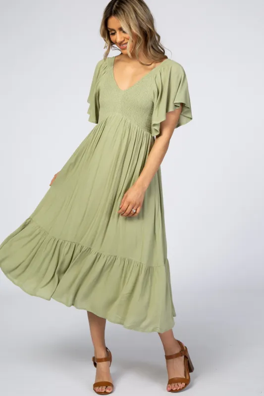 Light Olive Smocked Ruffle Dress sold by Pinkblush