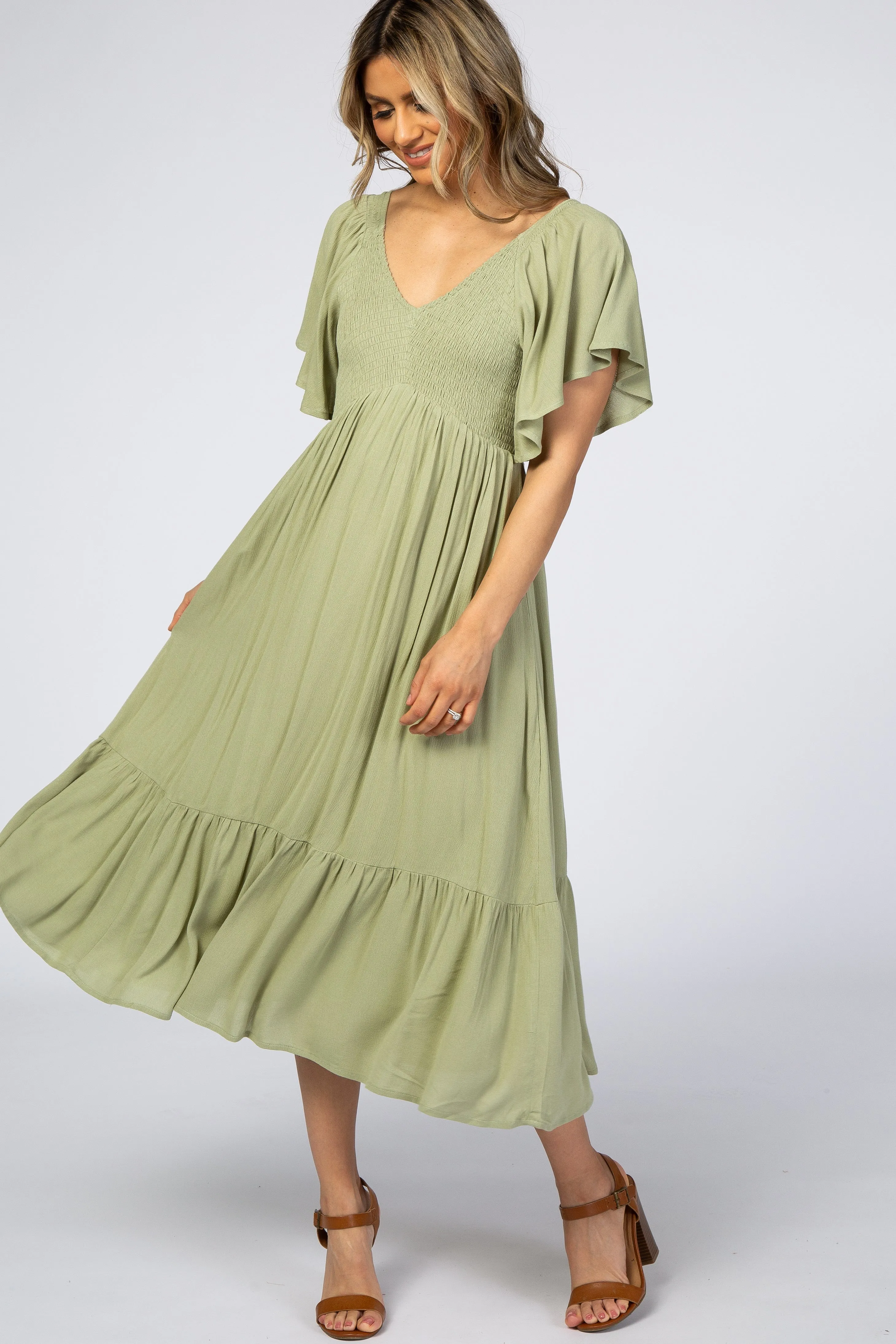 Light Olive Smocked Ruffle Dress sold by Pinkblush
