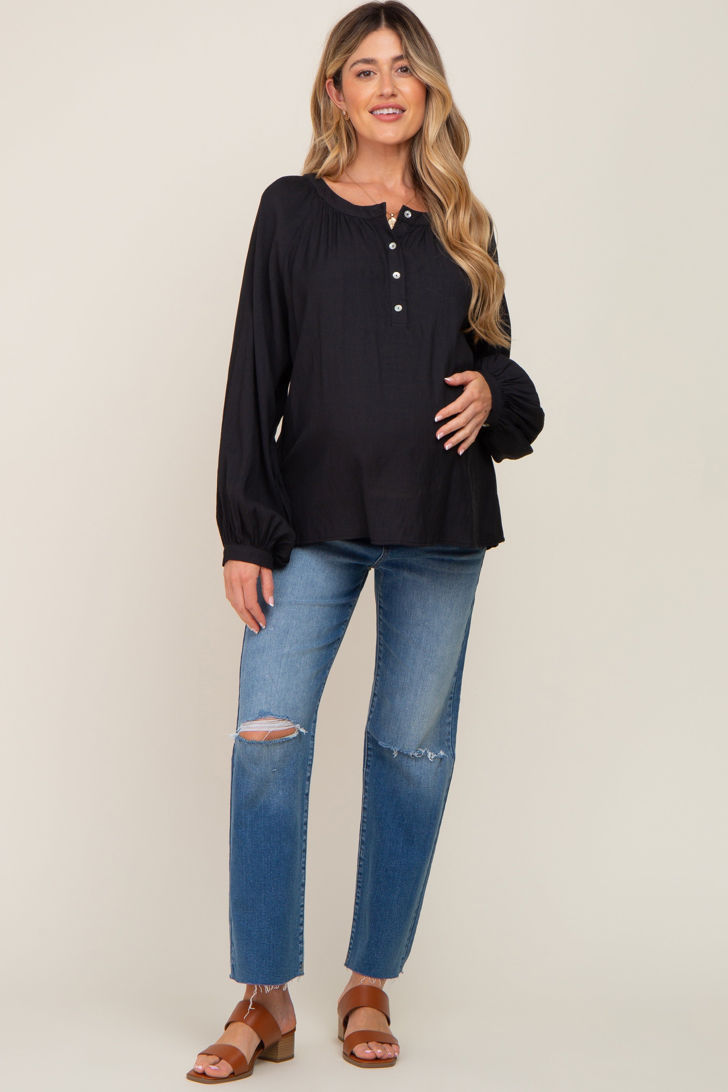 Black Button Front Long Puff Sleeve Maternity Top sold by Pinkblush product image thumbnail 5