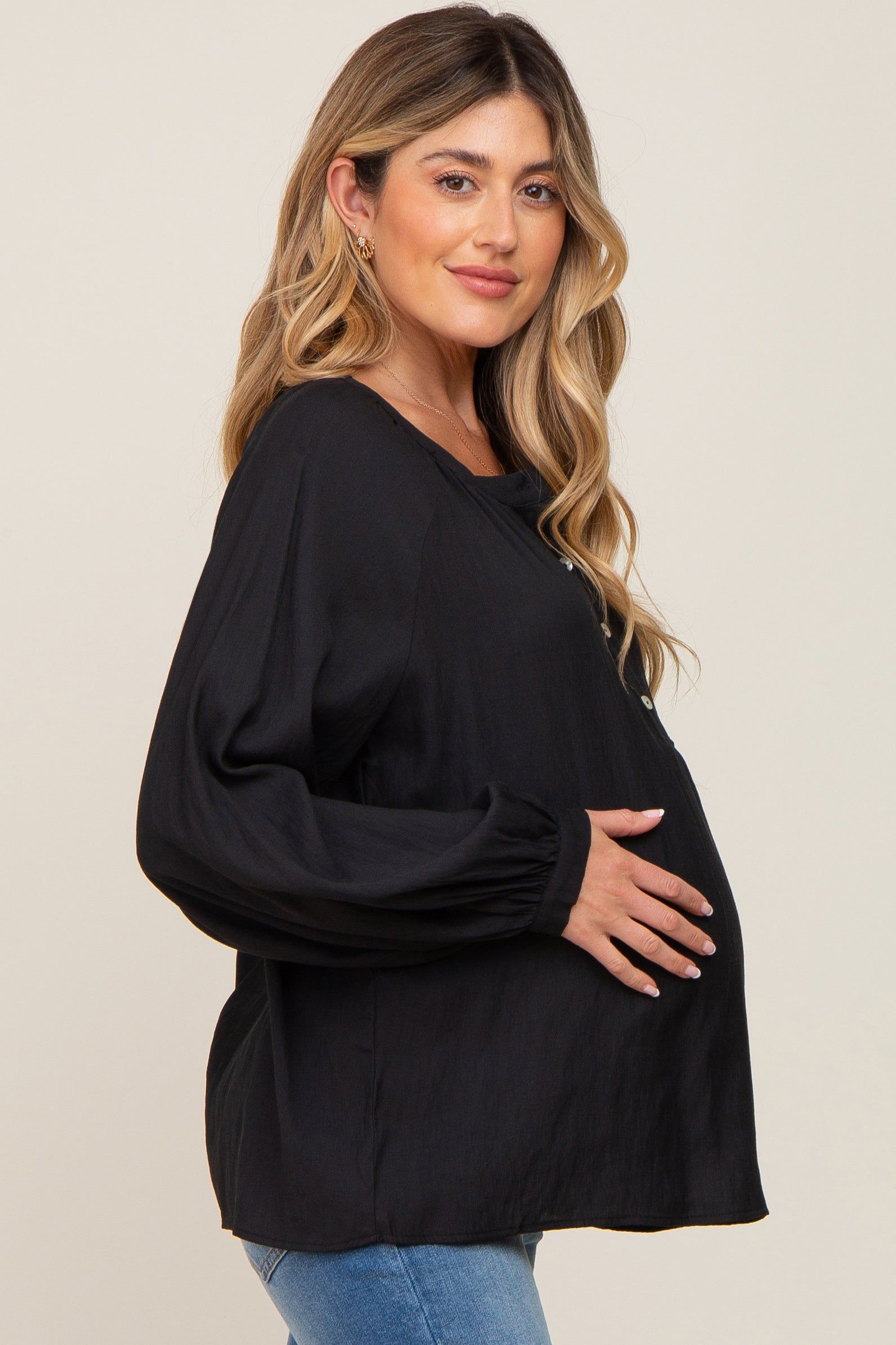 Black Button Front Long Puff Sleeve Maternity Top sold by Pinkblush product image thumbnail 2