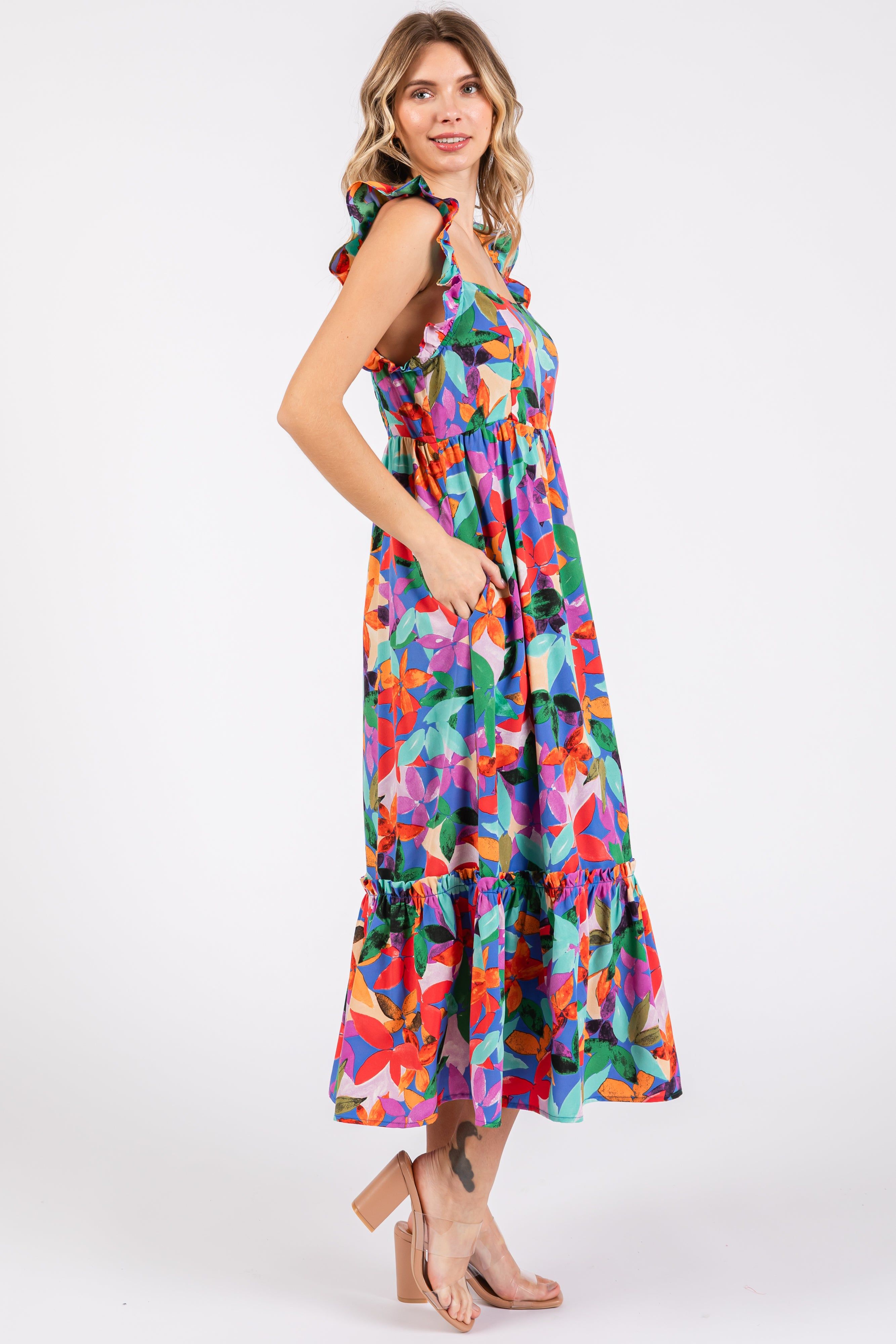 Blue Floral Satin Square Neck Ruffle Strap Midi Dress sold by Pinkblush product image thumbnail 2