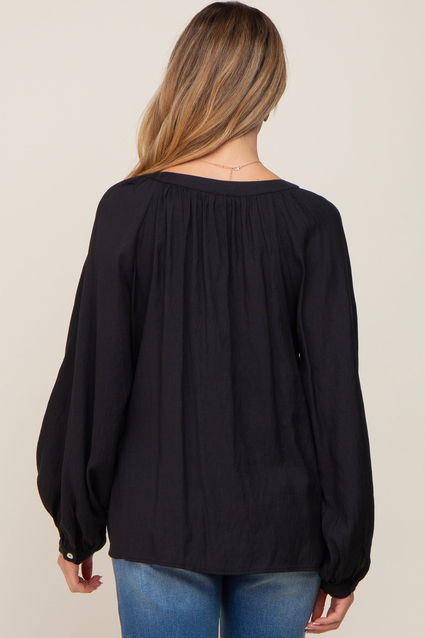 Black Button Front Long Puff Sleeve Maternity Top sold by Pinkblush product image thumbnail 3