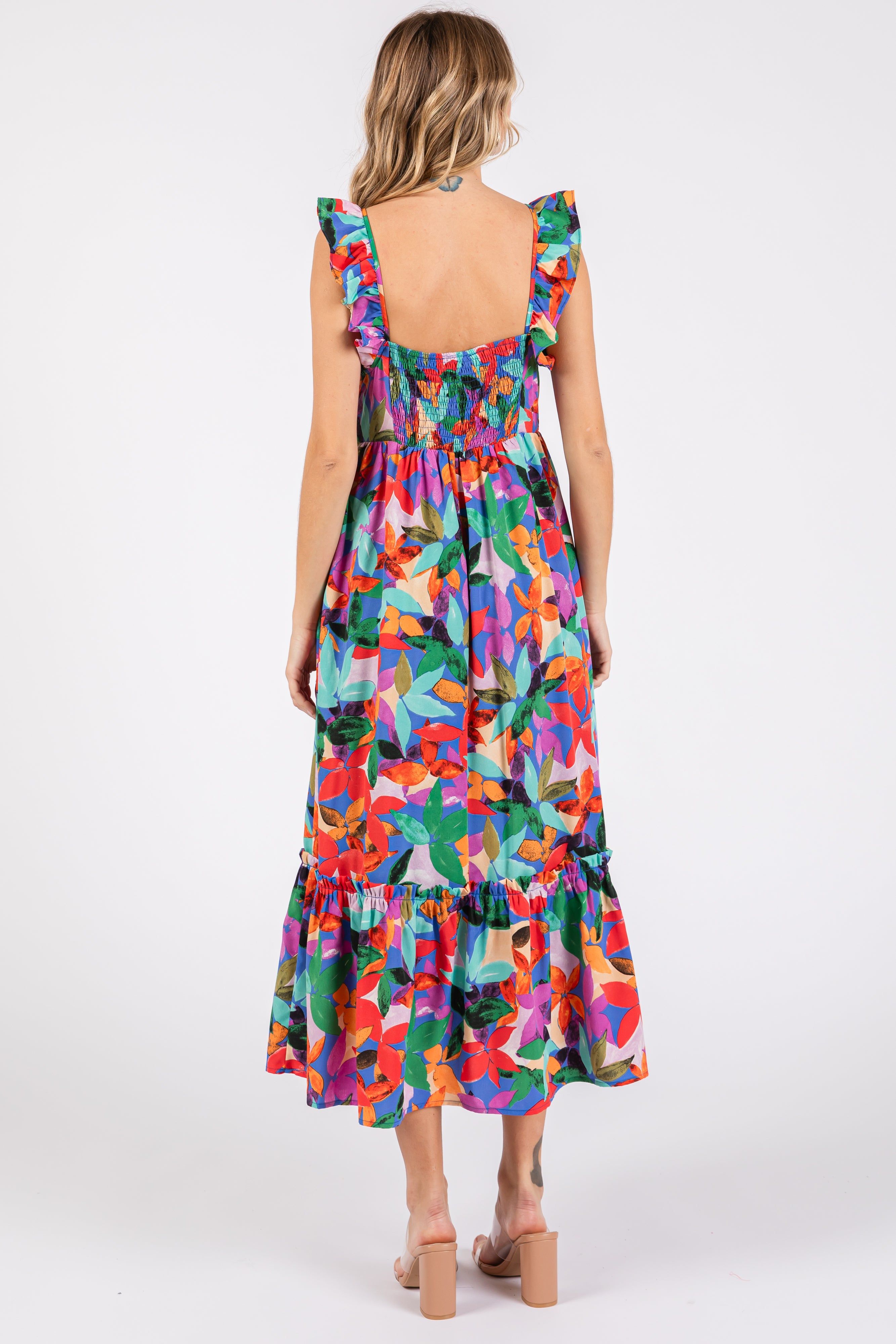 Blue Floral Satin Square Neck Ruffle Strap Midi Dress sold by Pinkblush product image thumbnail 3