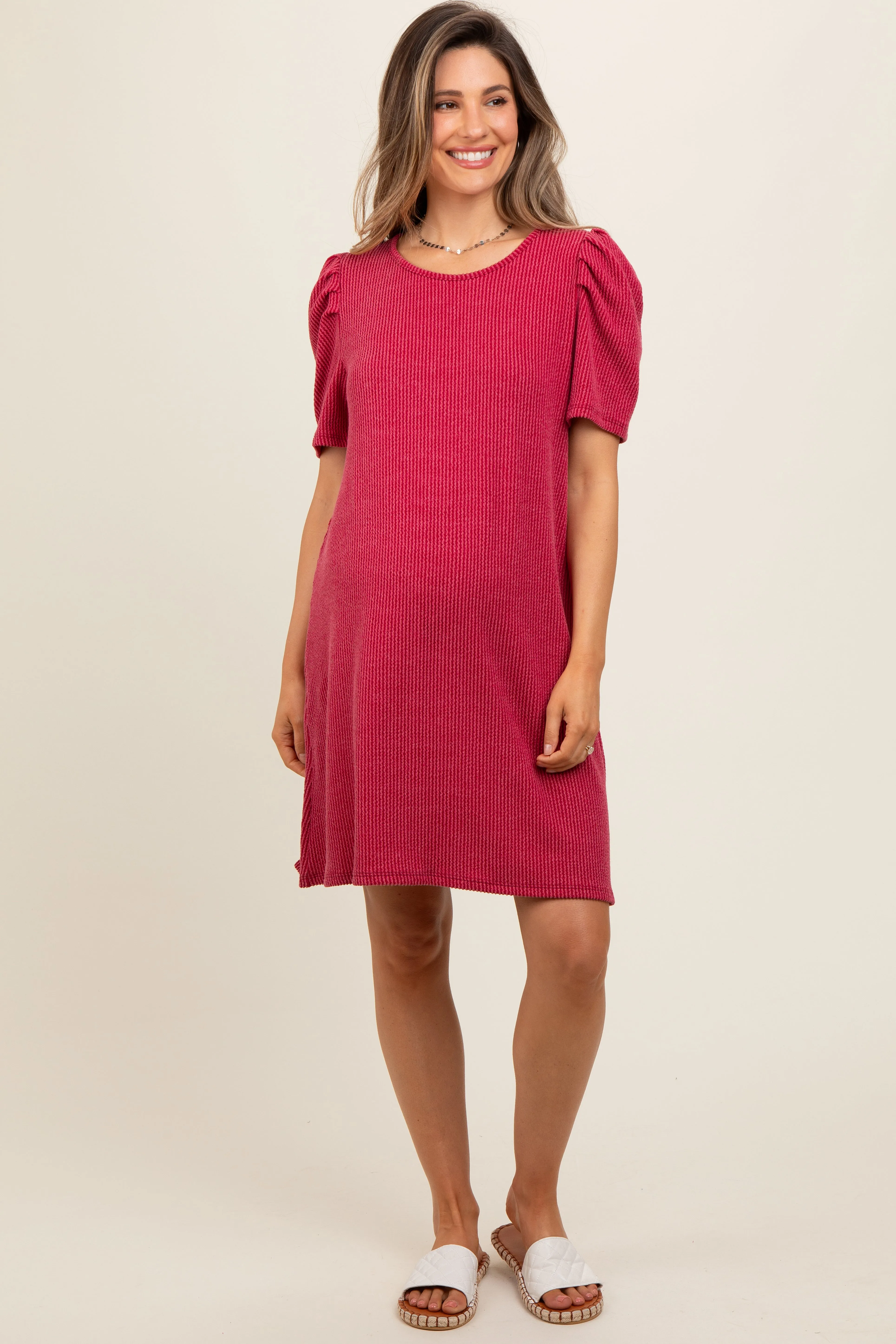 Burgundy Washed Ribbed Puff Sleeve Maternity Dress sold by Pinkblush product image thumbnail 2