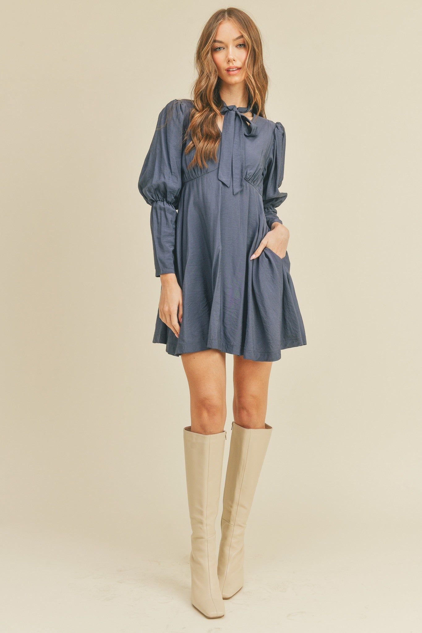Navy Peony Tie Neck Mini Dress sold by Pinkblush product image thumbnail 4
