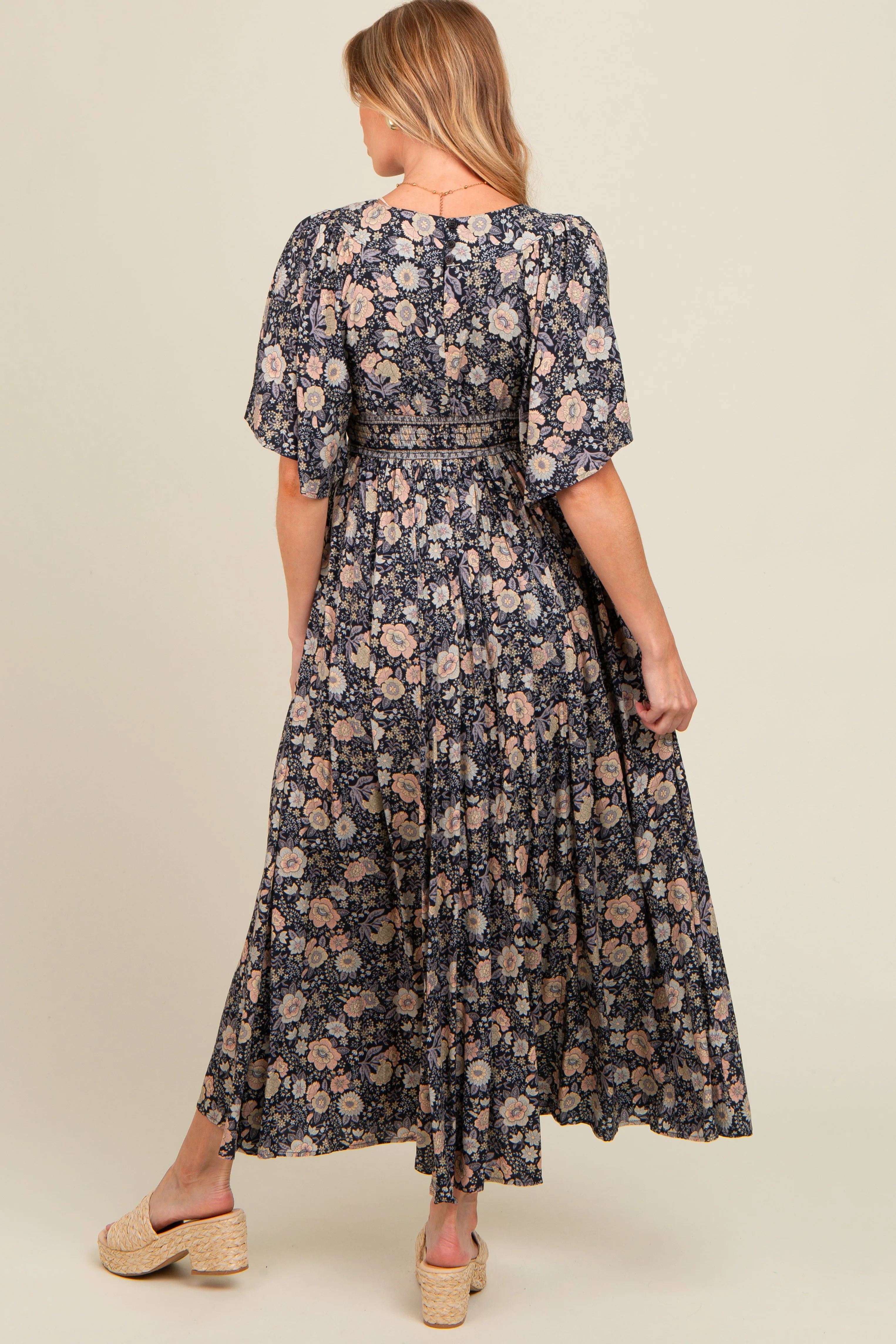 Navy Blue Floral Border Print Flutter Sleeve Maternity Maxi Dress sold by Pinkblush product image thumbnail 3