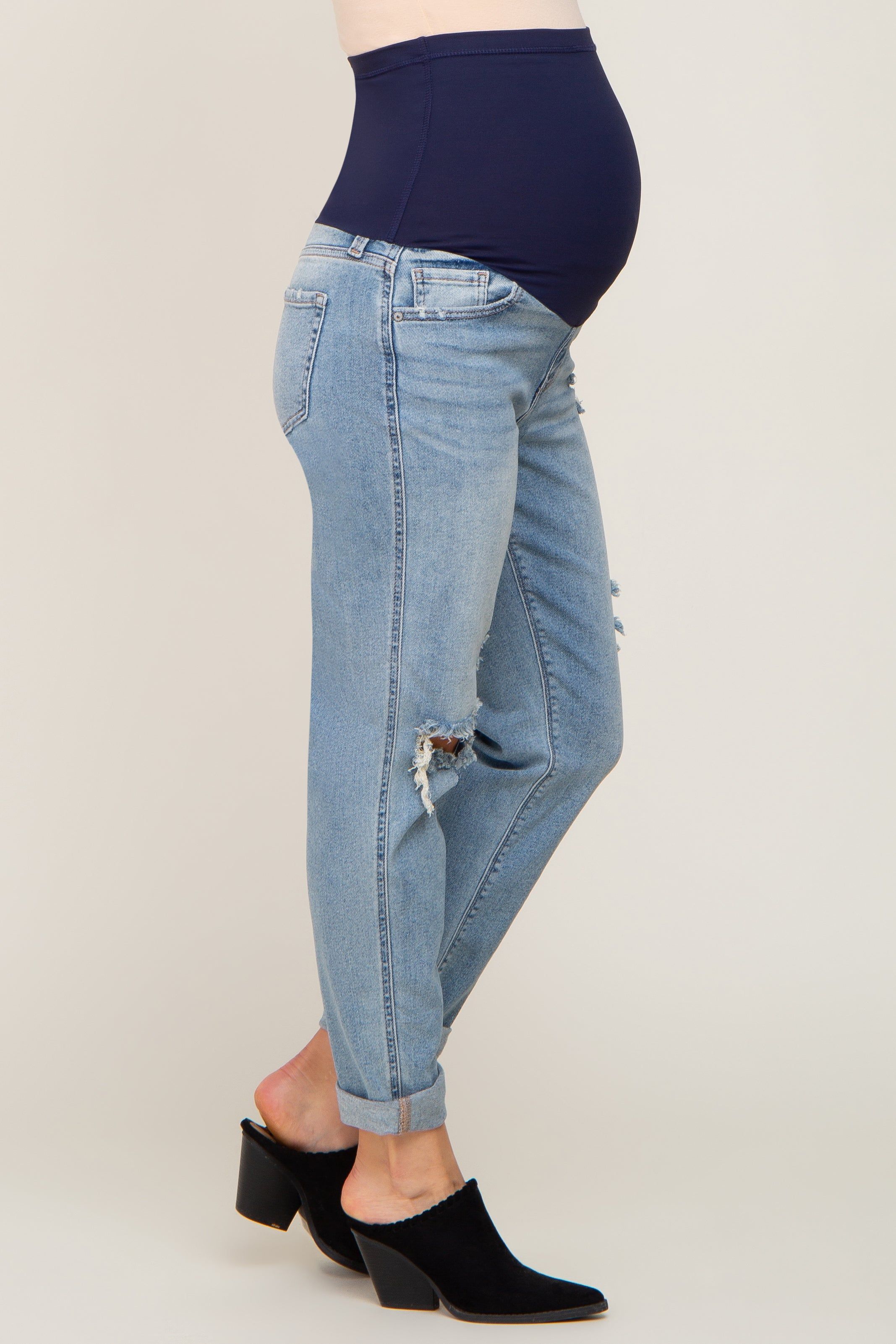Light Blue Distressed Cuffed Hem Maternity Jeans sold by Pinkblush product image thumbnail 3