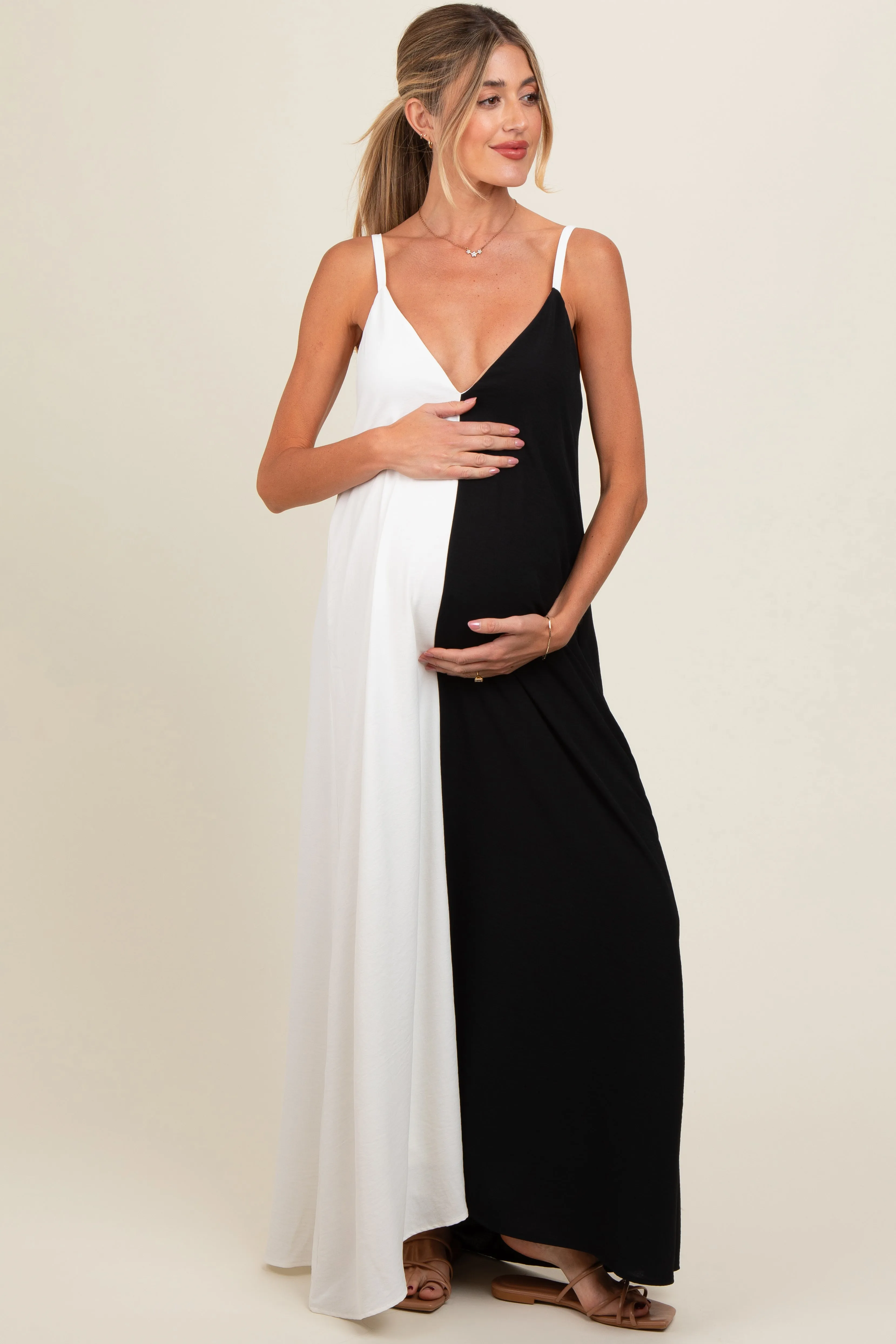 White Color Blocked V-Neck Maternity Maxi Dress sold by Pinkblush product image thumbnail 2