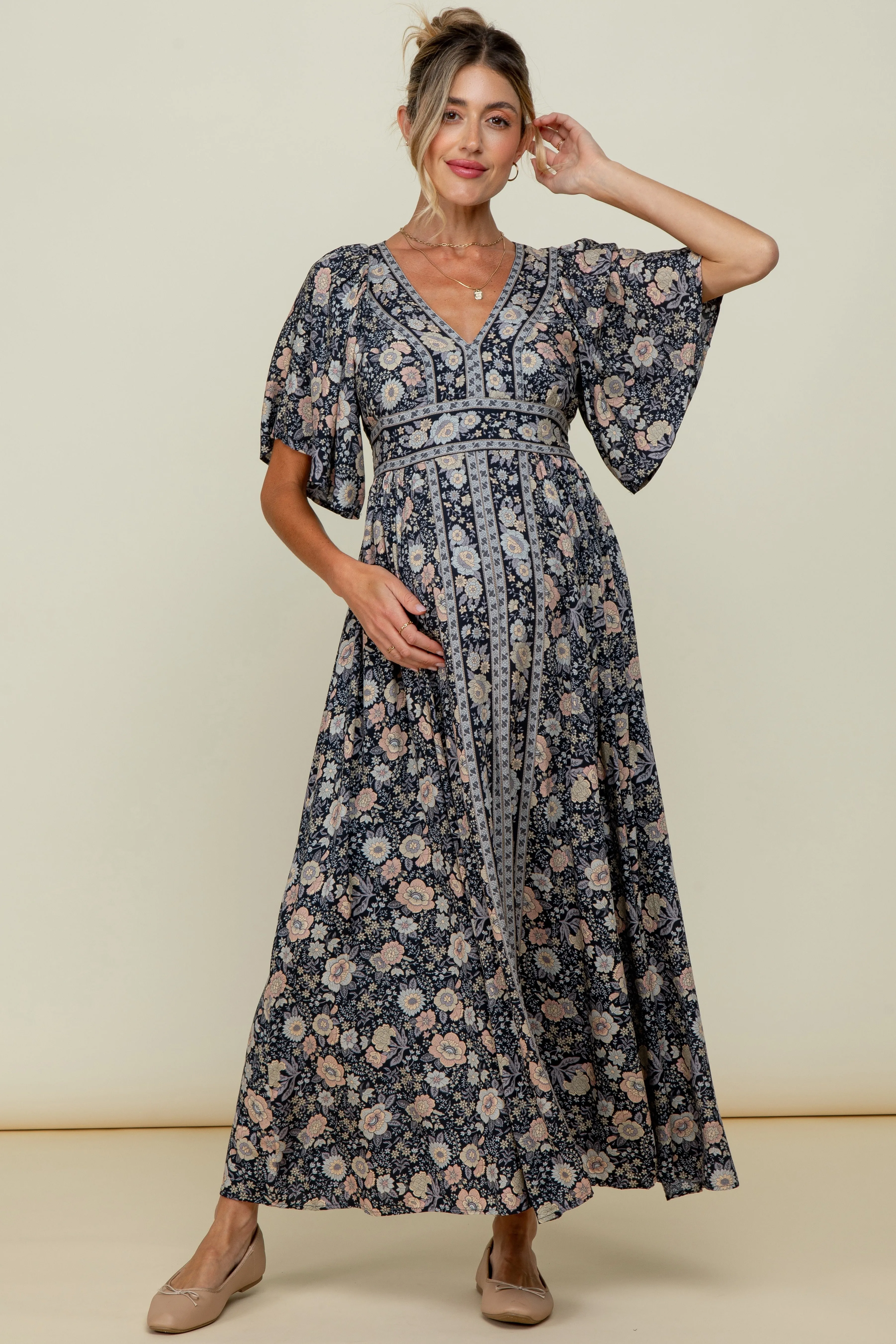 Navy Blue Floral Border Print Flutter Sleeve Maternity Maxi Dress sold by Pinkblush product image thumbnail 4