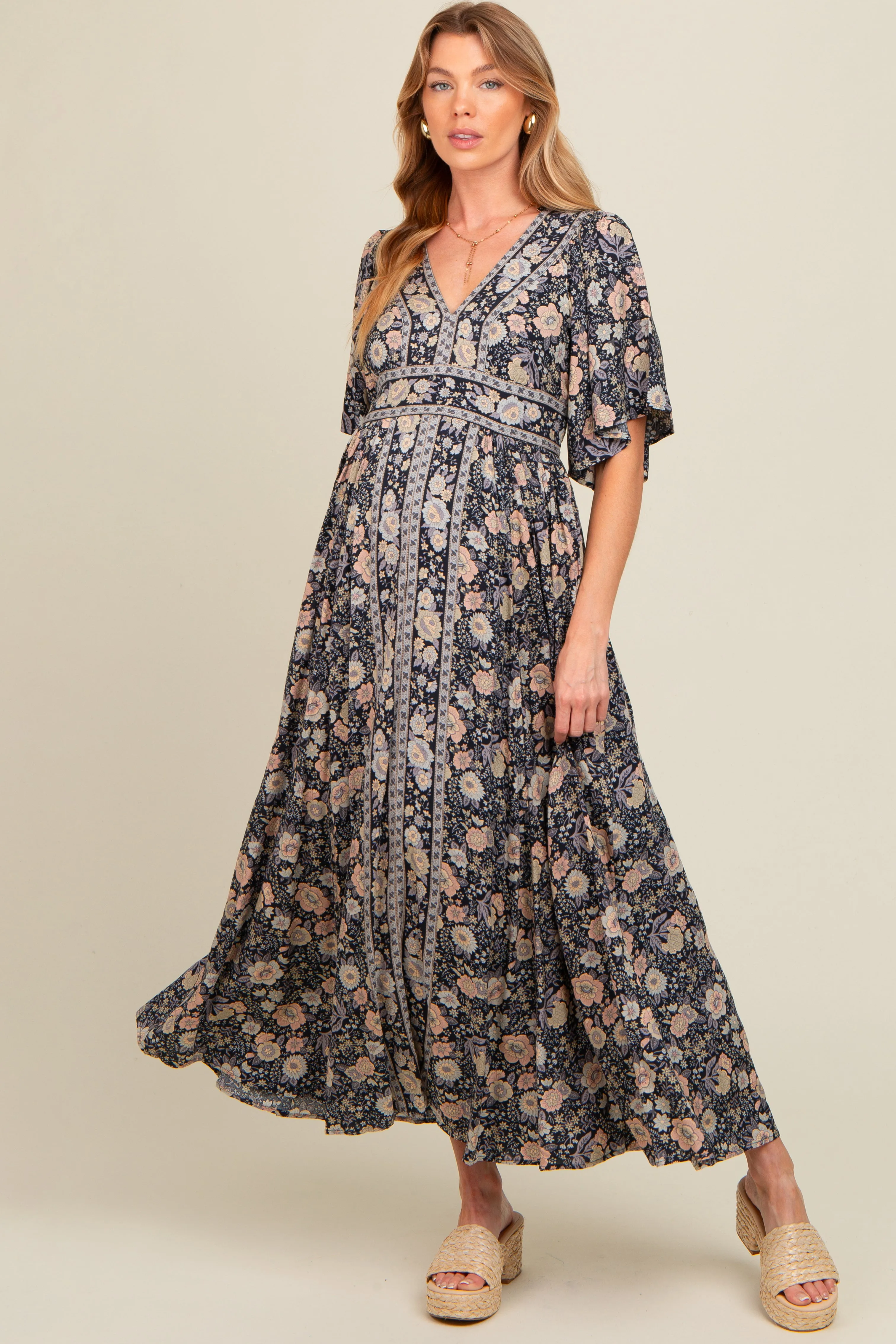 Navy Blue Floral Border Print Flutter Sleeve Maternity Maxi Dress sold by Pinkblush