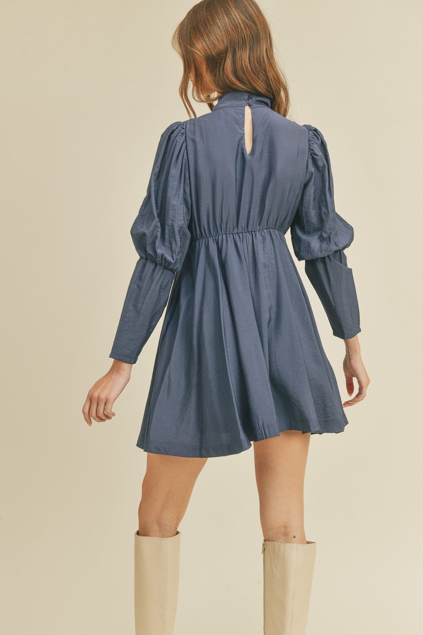 Navy Peony Tie Neck Mini Dress sold by Pinkblush product image thumbnail 3