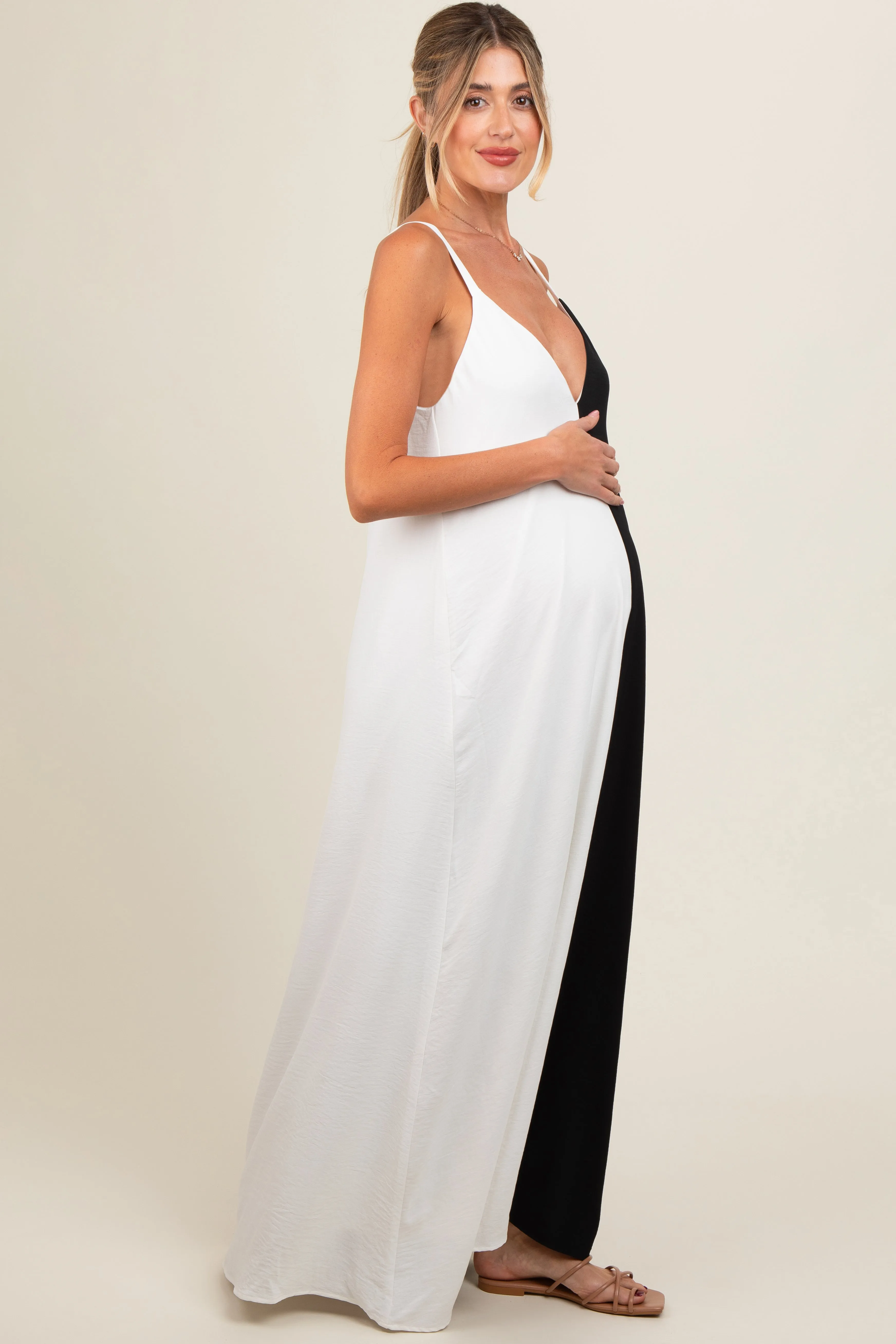 White Color Blocked V-Neck Maternity Maxi Dress sold by Pinkblush product image thumbnail 3