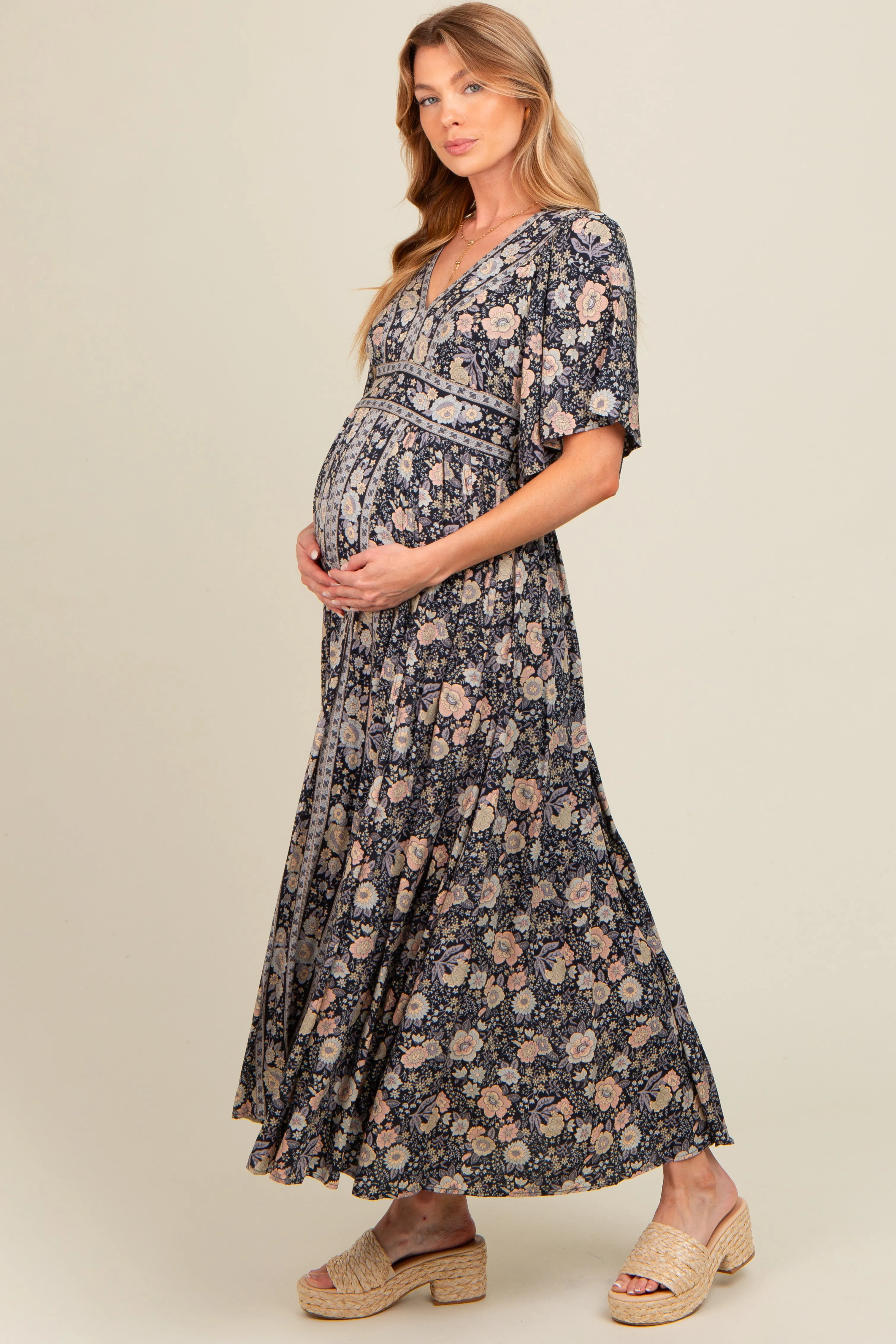 Navy Blue Floral Border Print Flutter Sleeve Maternity Maxi Dress sold by Pinkblush product image thumbnail 2