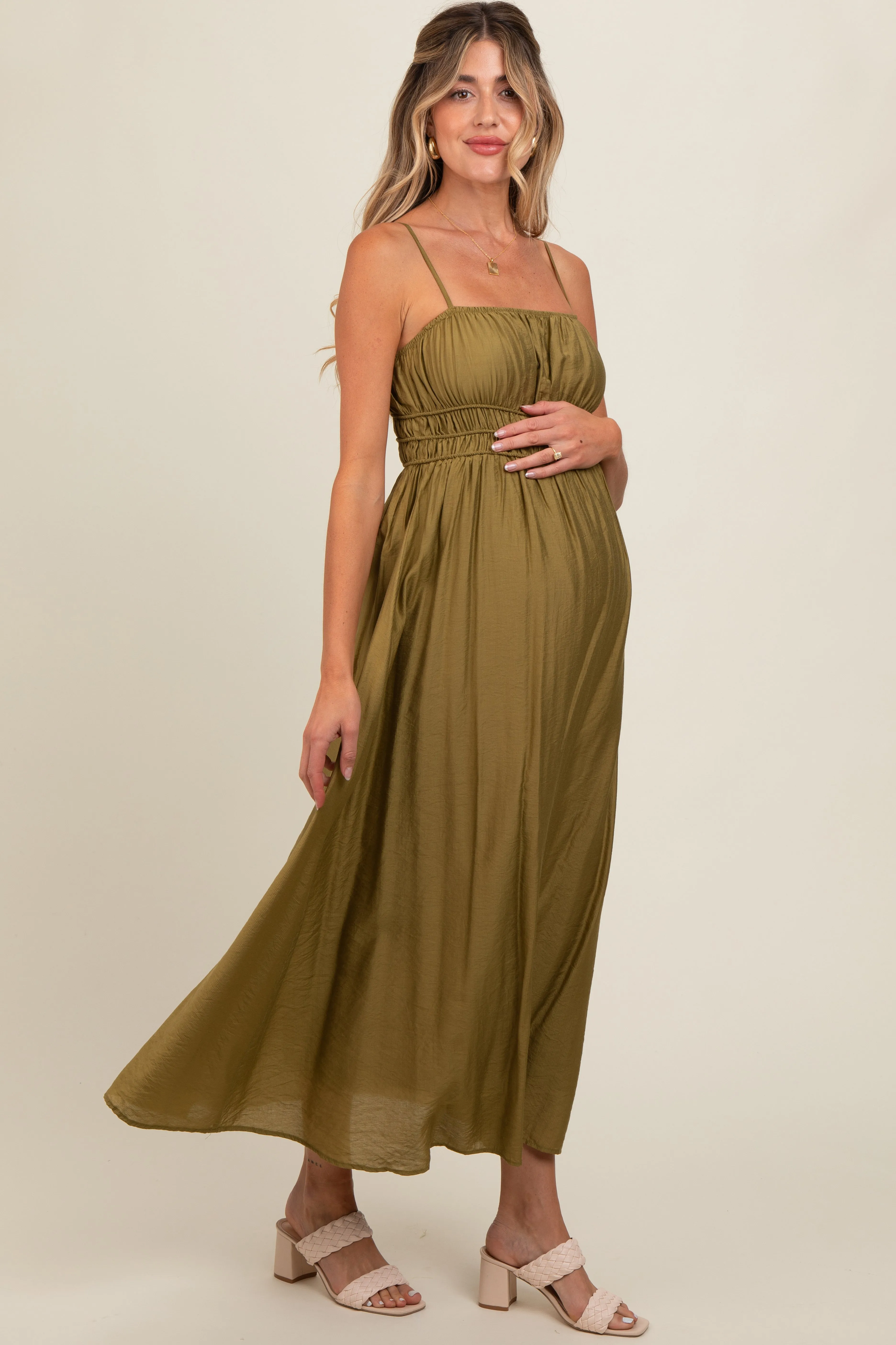 Olive Sleeveless Square Neckline Maternity Maxi Dress sold by Pinkblush product image thumbnail 3