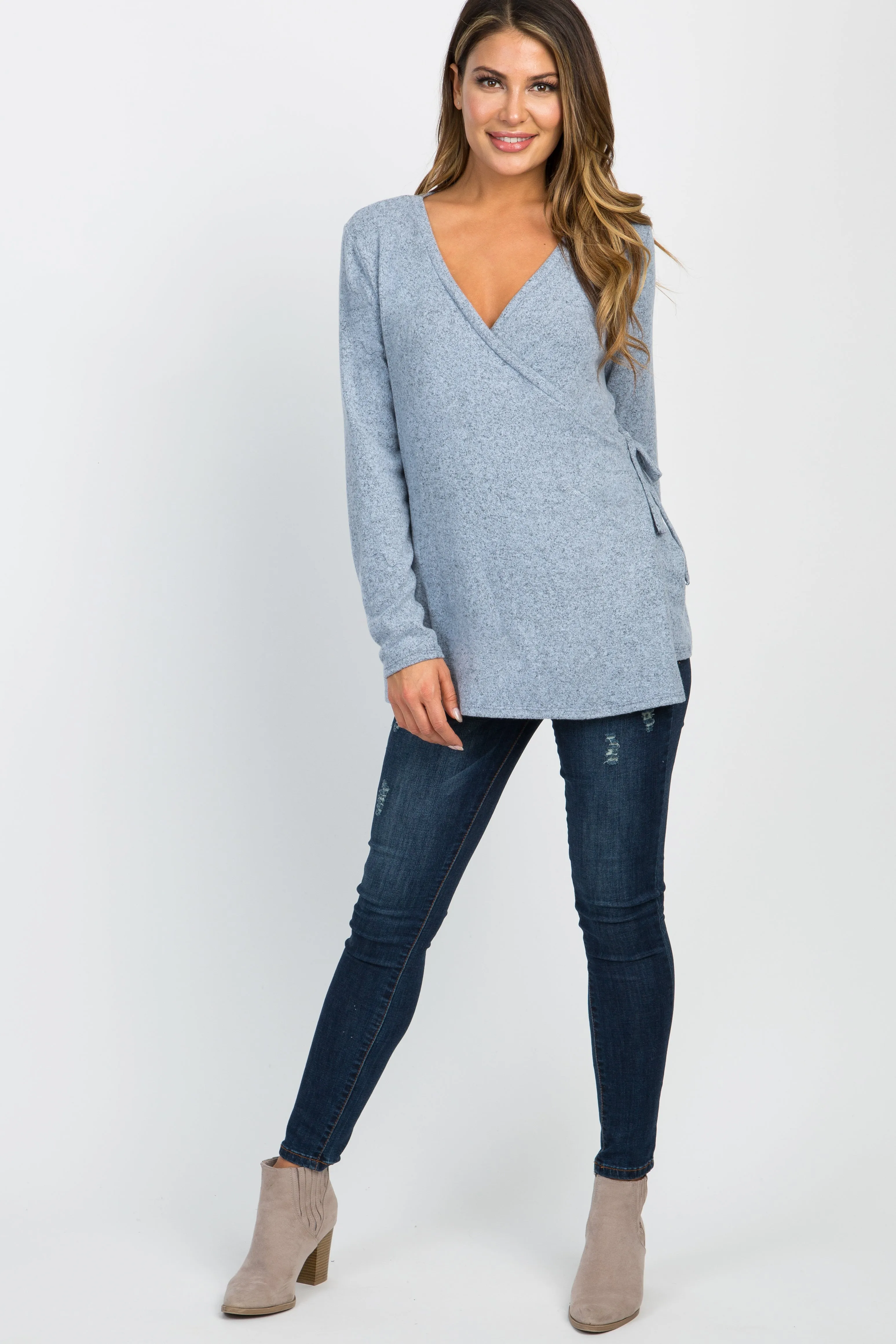 PinkBlush Light Blue Heathered Knit Wrap Tie Nursing Top sold by Pinkblush product image thumbnail 5