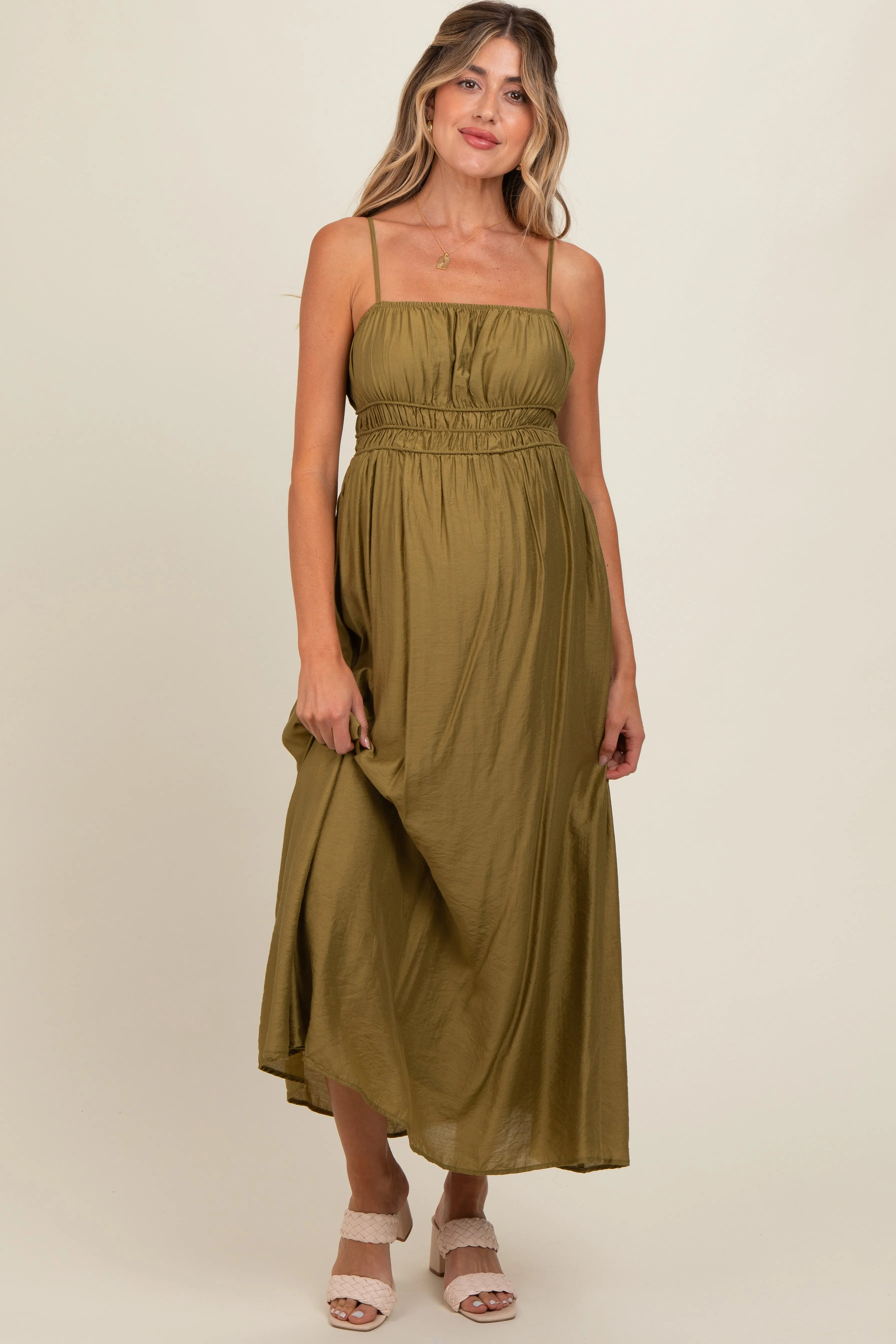 Olive Sleeveless Square Neckline Maternity Maxi Dress sold by Pinkblush product image thumbnail 2