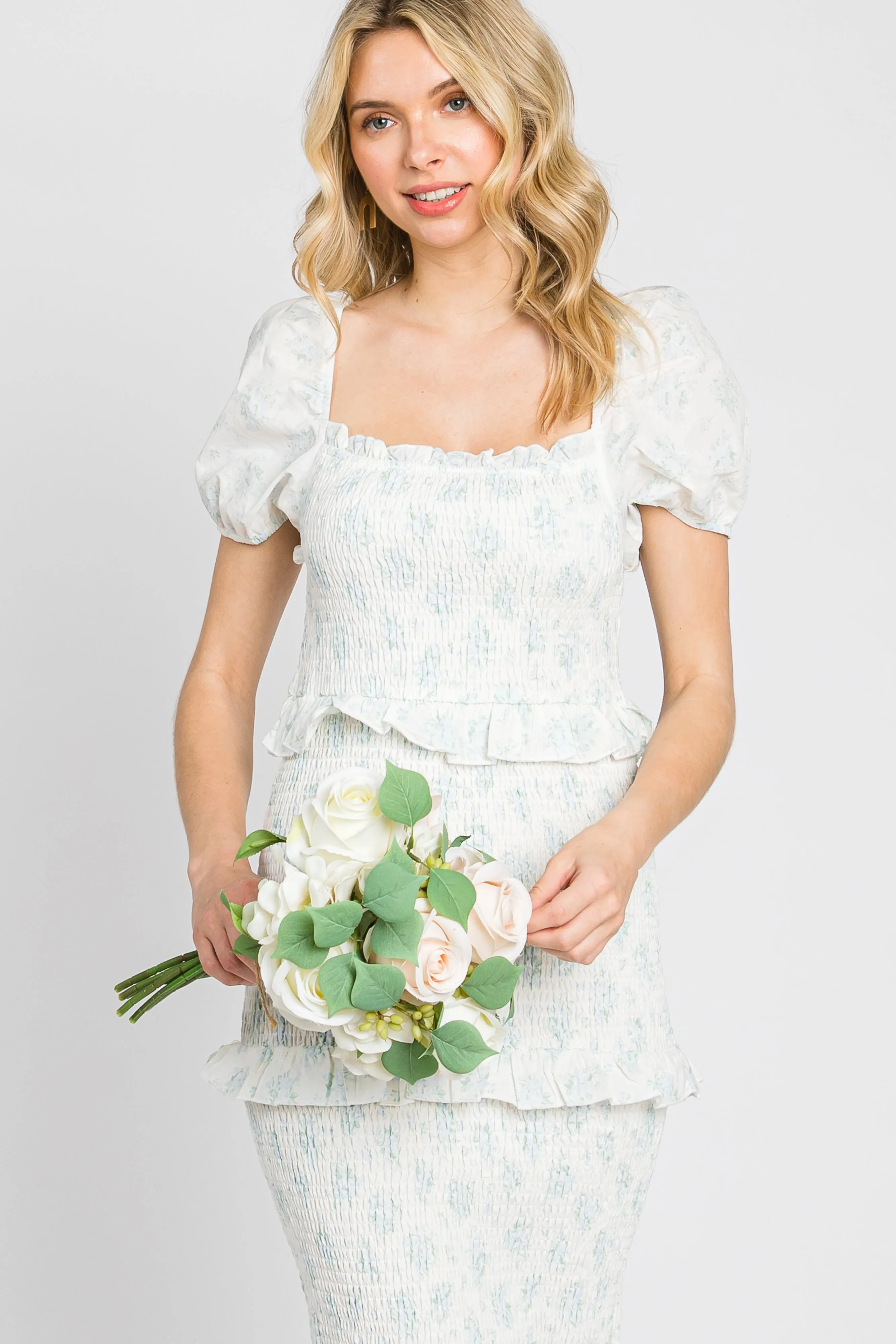 Light Blue Floral Square Neck Smocked Maxi Dress sold by Pinkblush product image thumbnail 4