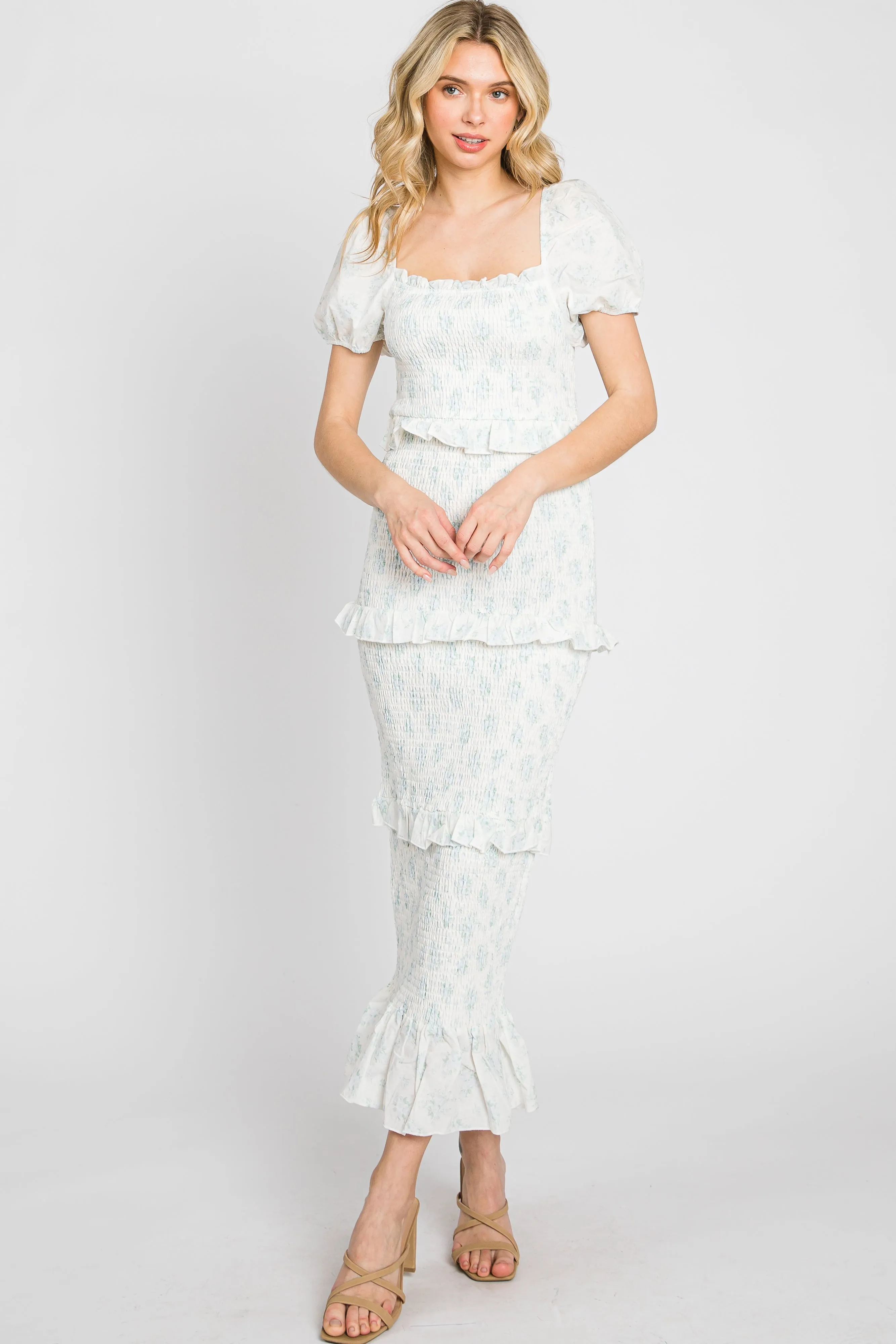 Light Blue Floral Square Neck Smocked Maxi Dress sold by Pinkblush