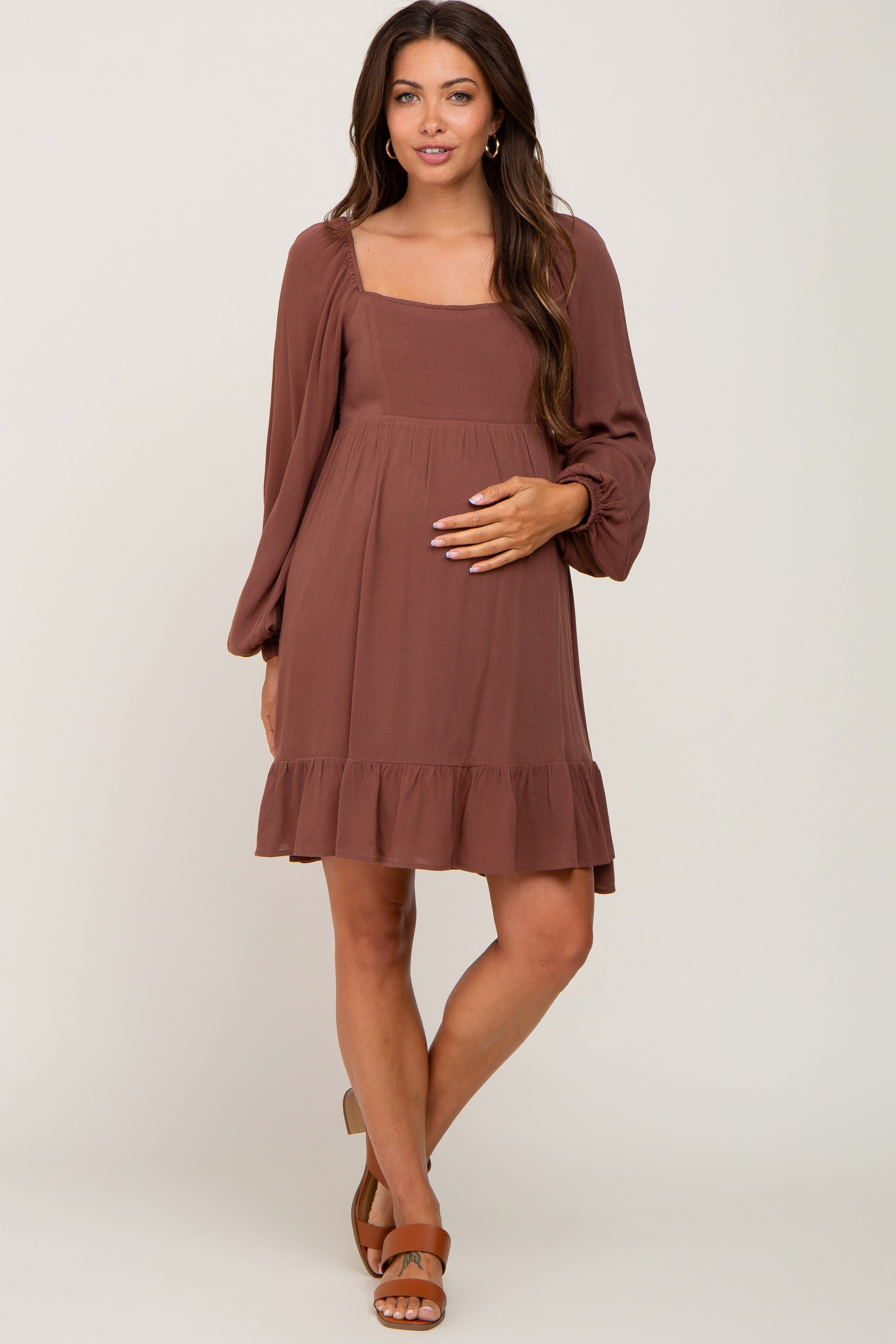 Brown Square Neck Puff Long Sleeve Maternity Dress sold by Pinkblush product image thumbnail 4