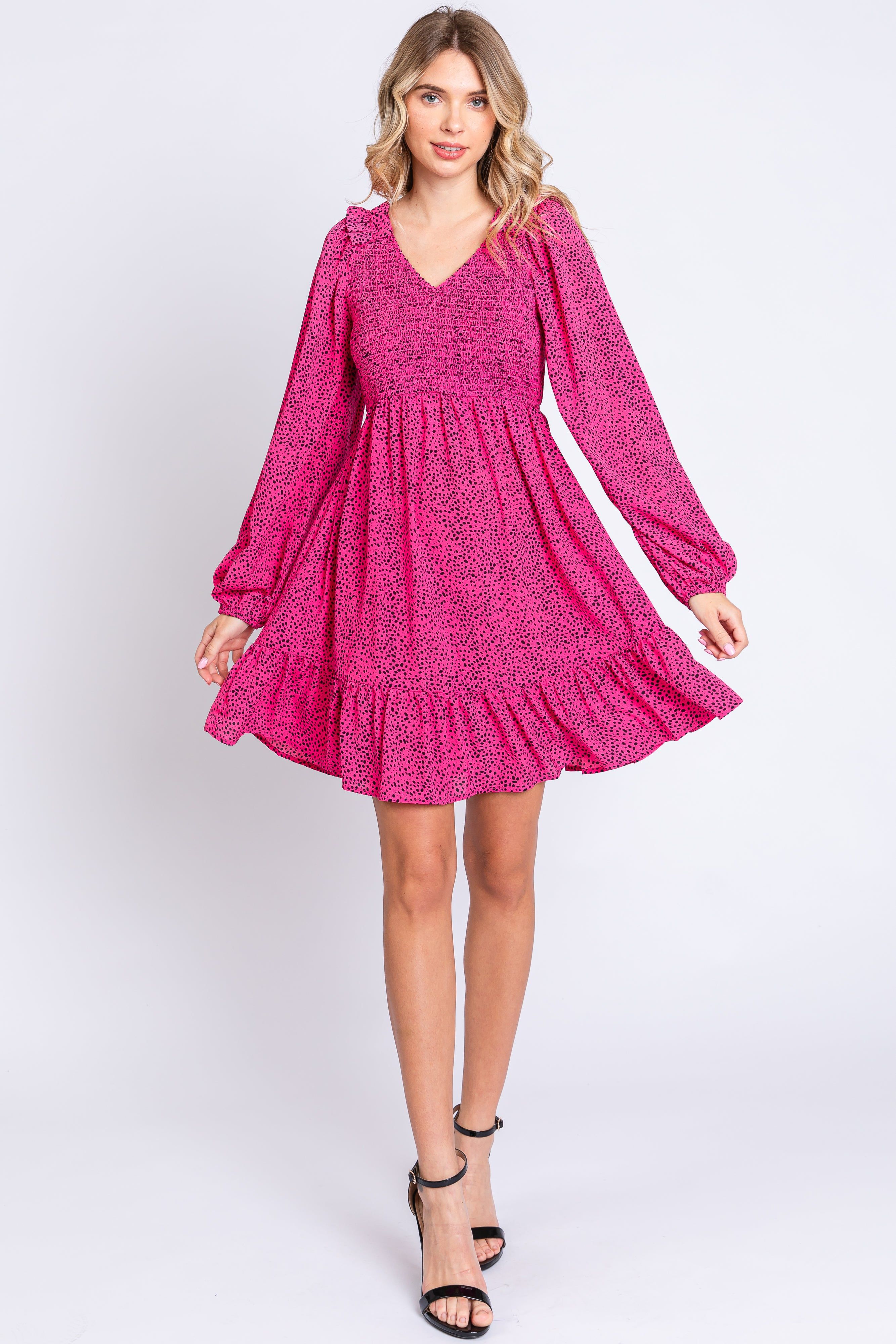 Fuchsia Dot Print Long Sleeve Ruffle Dress sold by Pinkblush product image thumbnail 2