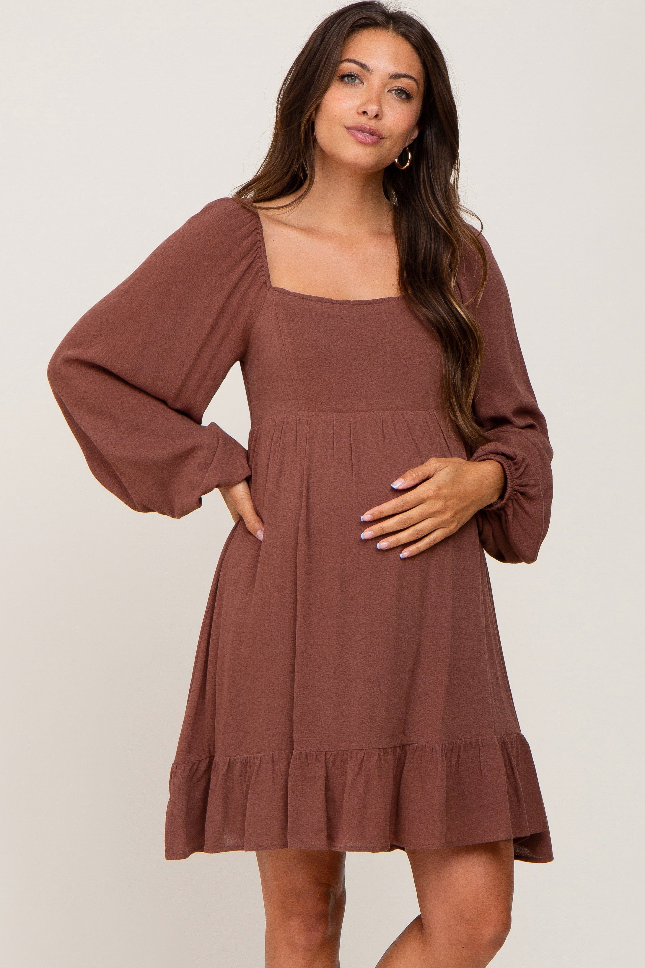 Brown Square Neck Puff Long Sleeve Maternity Dress sold by Pinkblush