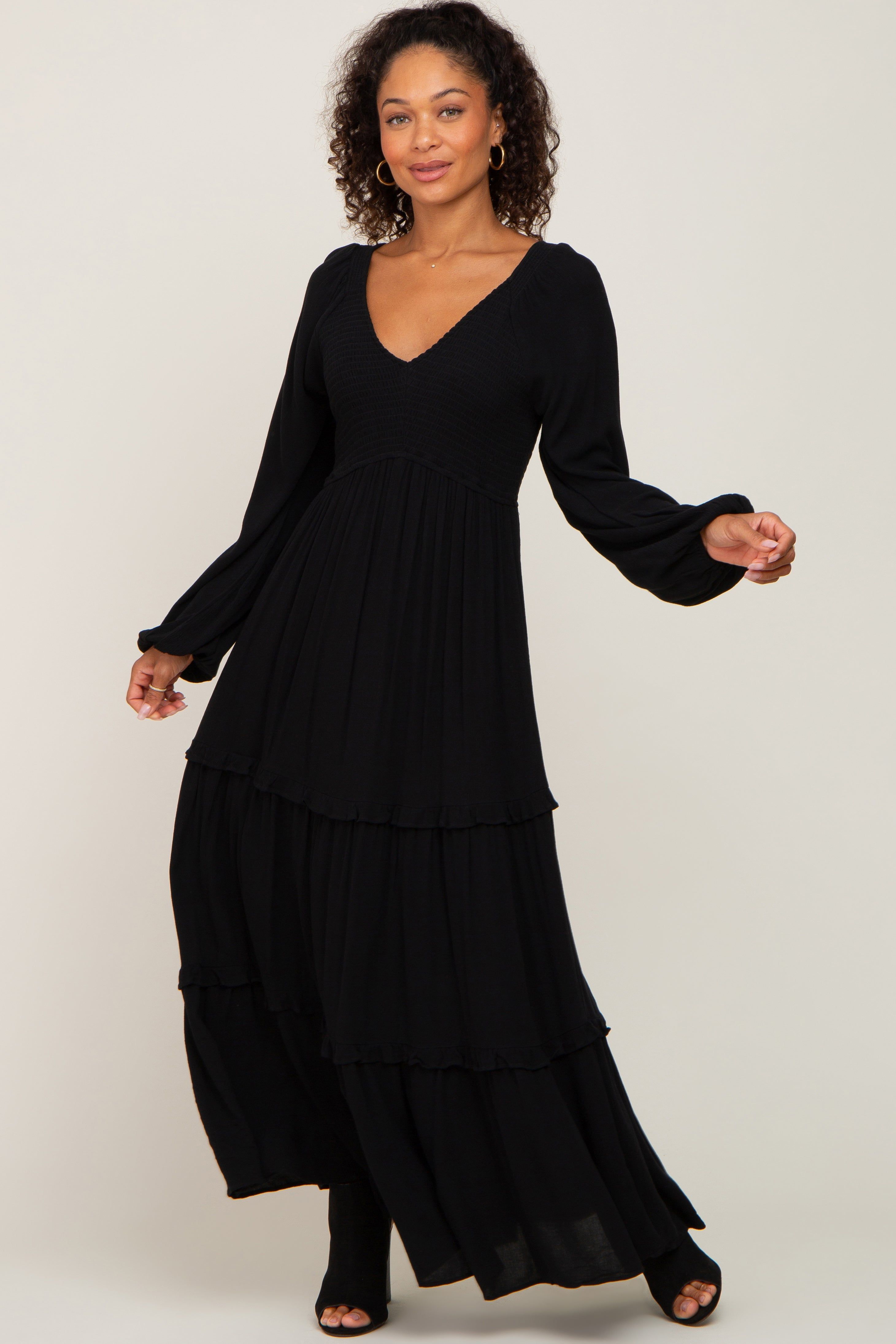 Black Smocked Tiered Midi Dress sold by Pinkblush product image thumbnail 4
