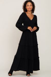 Black Smocked Tiered Midi Dress sold by Pinkblush