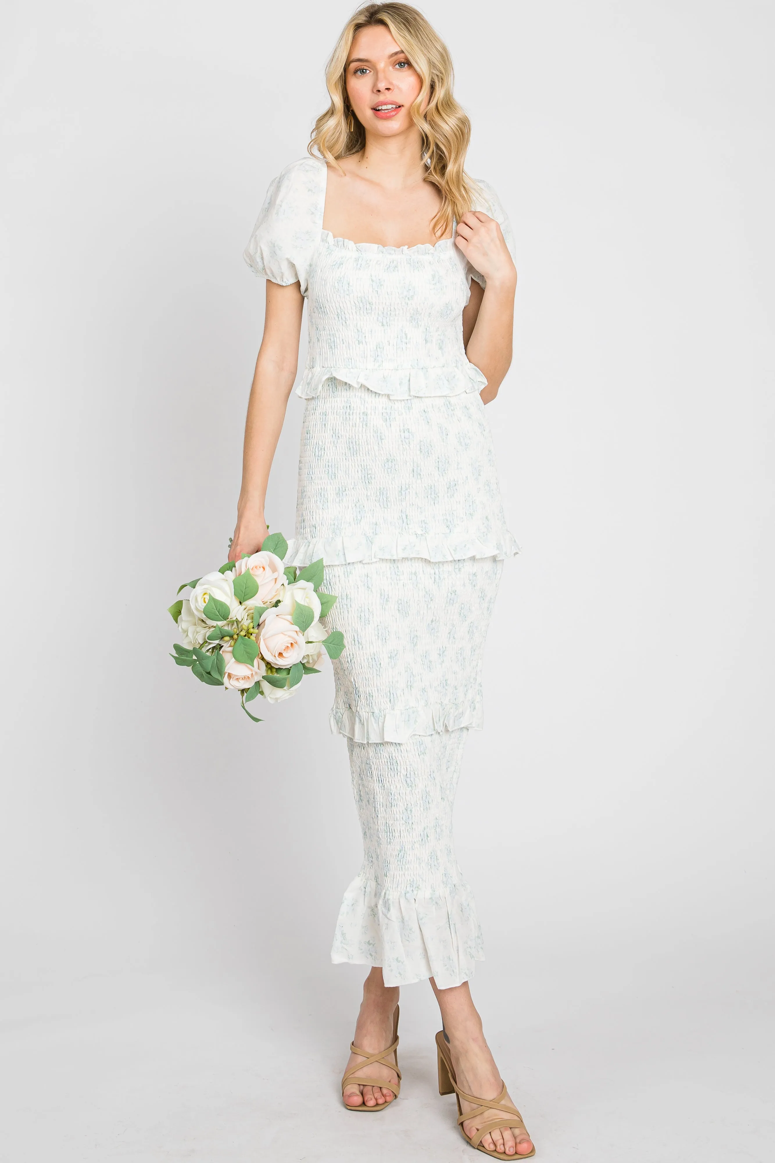 Light Blue Floral Square Neck Smocked Maxi Dress sold by Pinkblush product image thumbnail 5