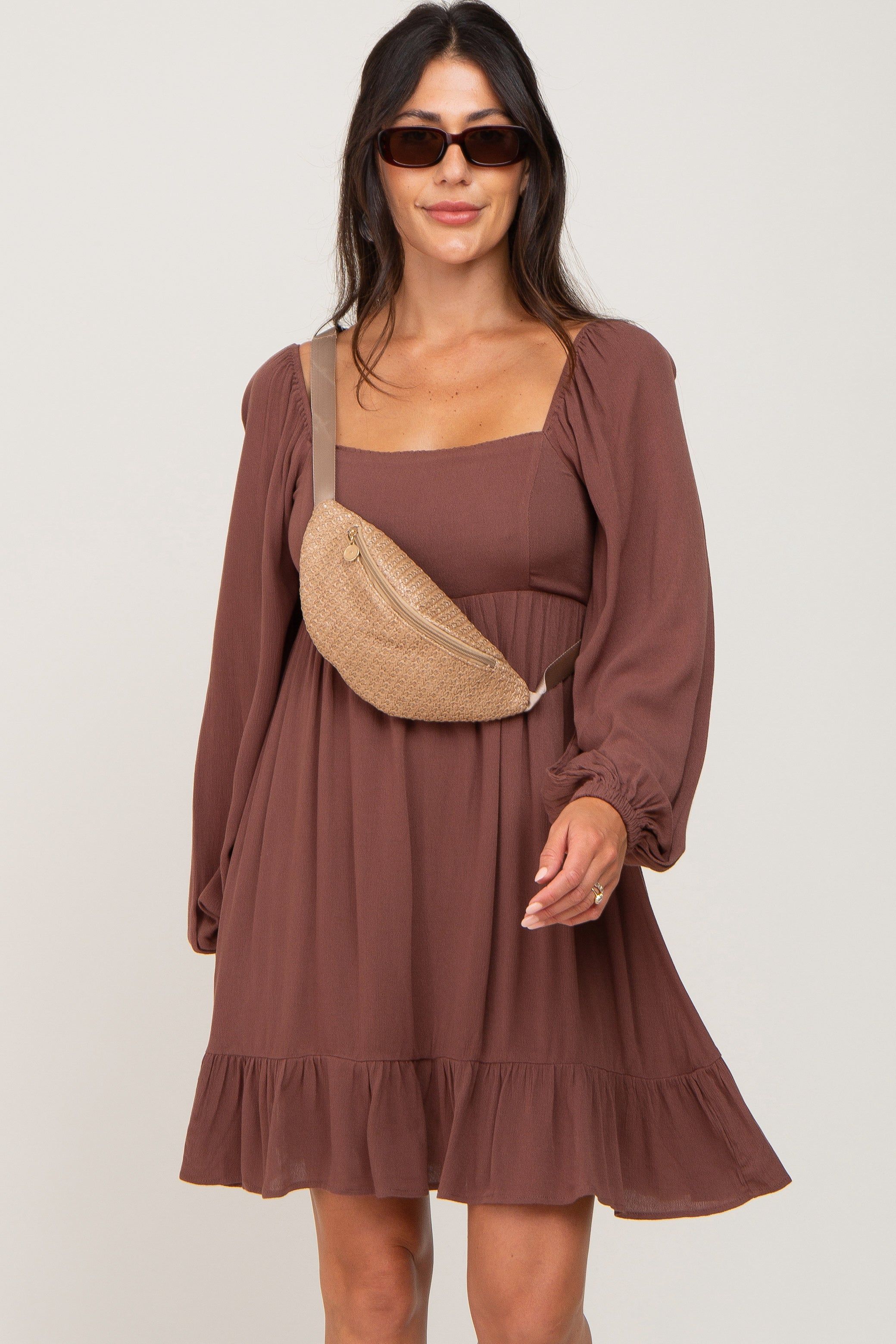 Brown Square Neck Puff Long Sleeve Maternity Dress sold by Pinkblush product image thumbnail 5