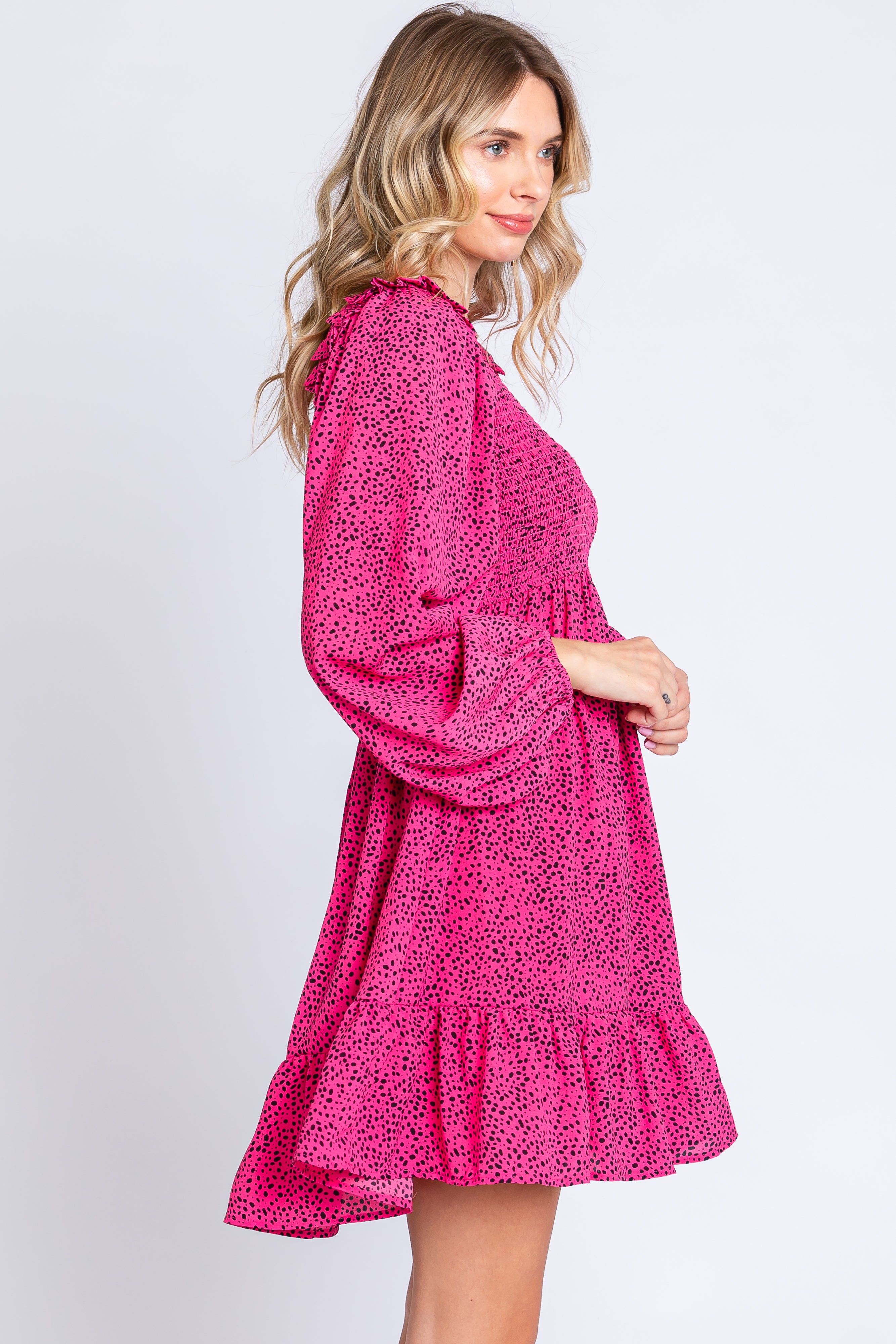 Fuchsia Dot Print Long Sleeve Ruffle Dress sold by Pinkblush product image thumbnail 3