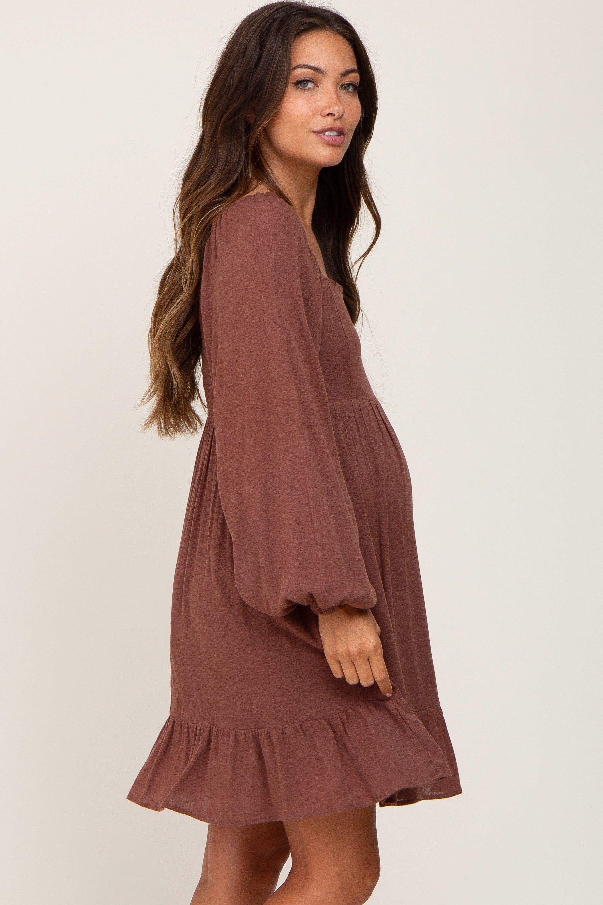 Brown Square Neck Puff Long Sleeve Maternity Dress sold by Pinkblush product image thumbnail 2