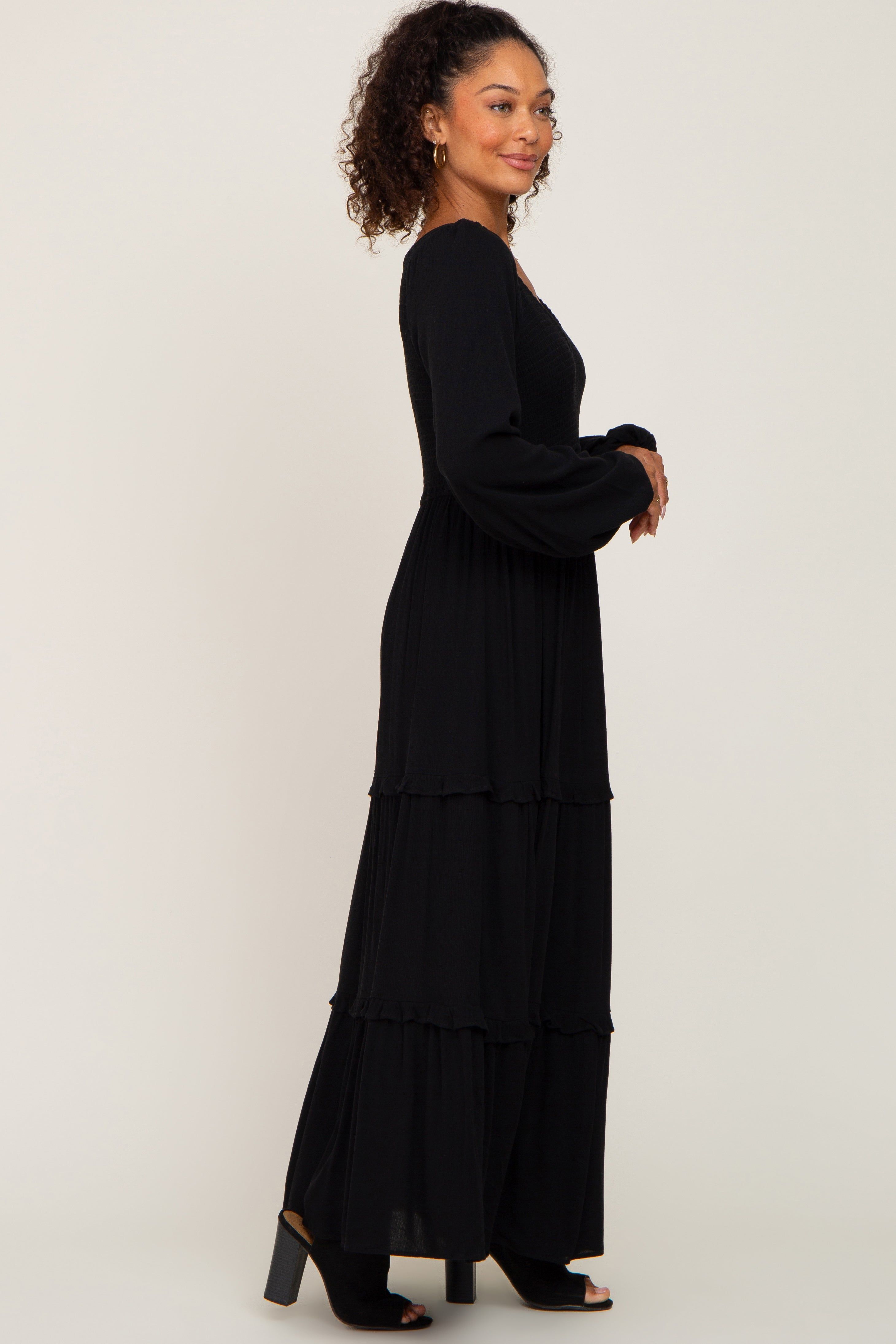 Black Smocked Tiered Midi Dress sold by Pinkblush product image thumbnail 2