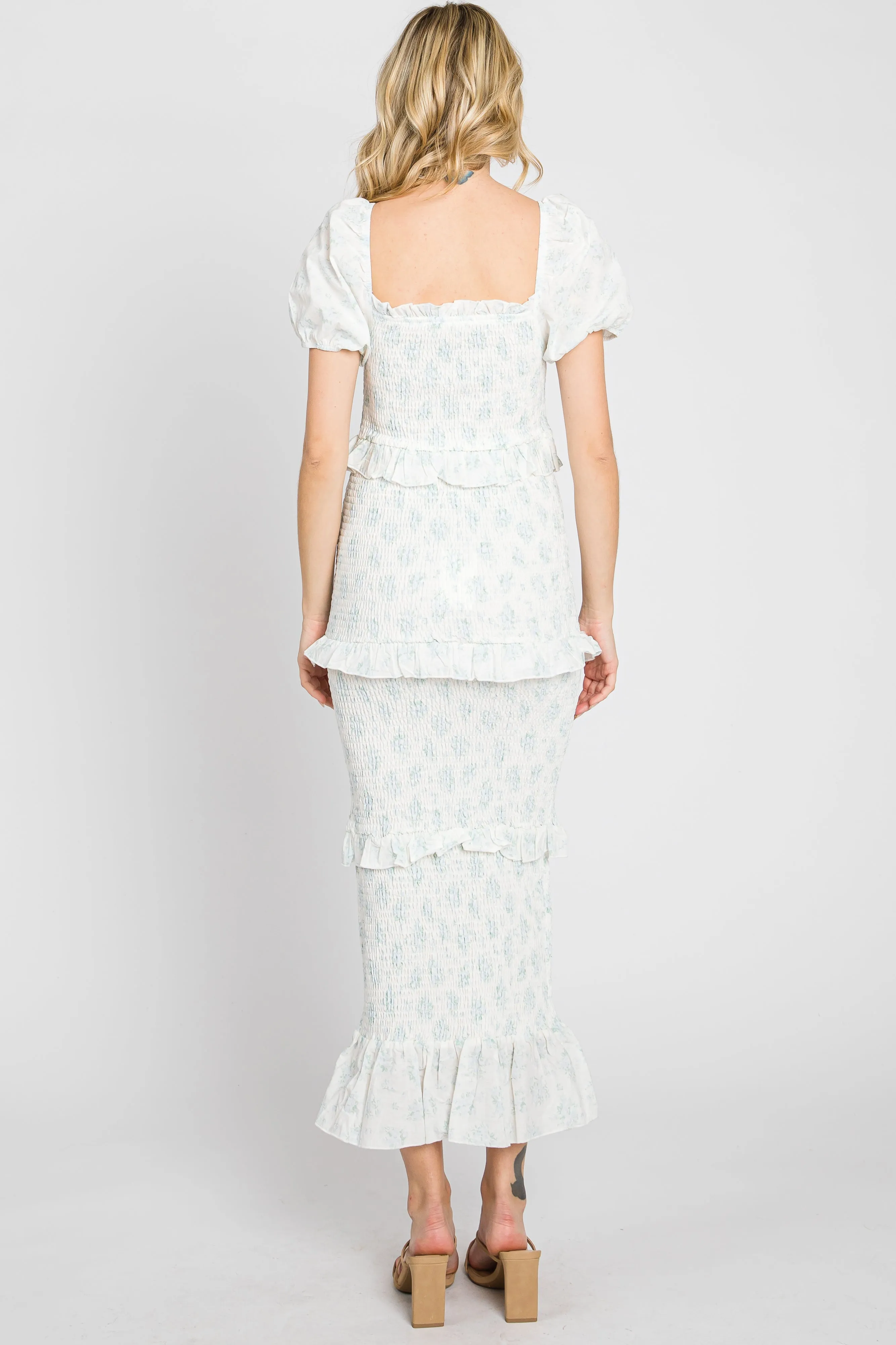 Light Blue Floral Square Neck Smocked Maxi Dress sold by Pinkblush product image thumbnail 3