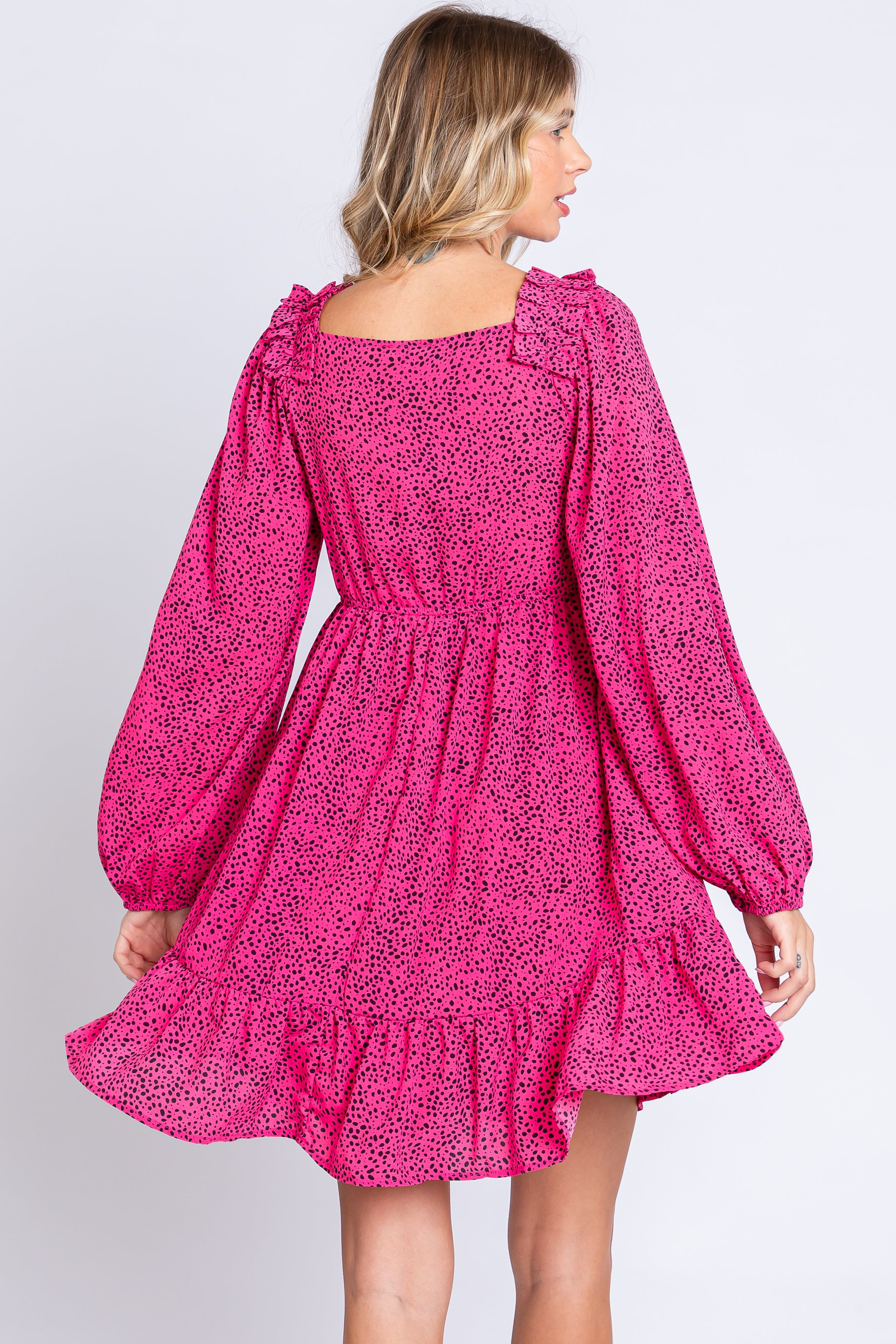 Fuchsia Dot Print Long Sleeve Ruffle Dress sold by Pinkblush product image thumbnail 4