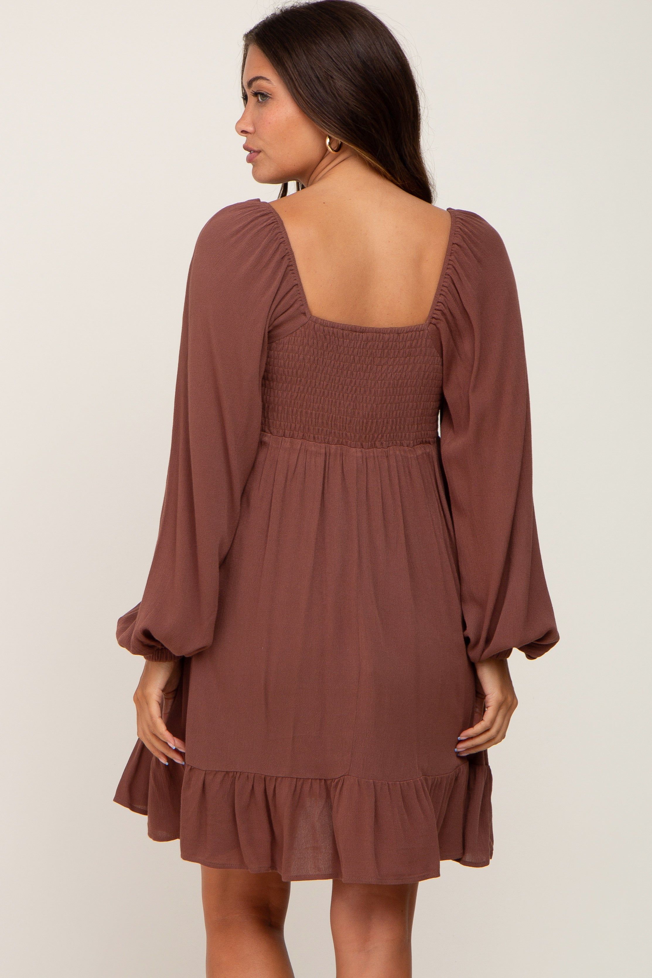 Brown Square Neck Puff Long Sleeve Maternity Dress sold by Pinkblush product image thumbnail 3