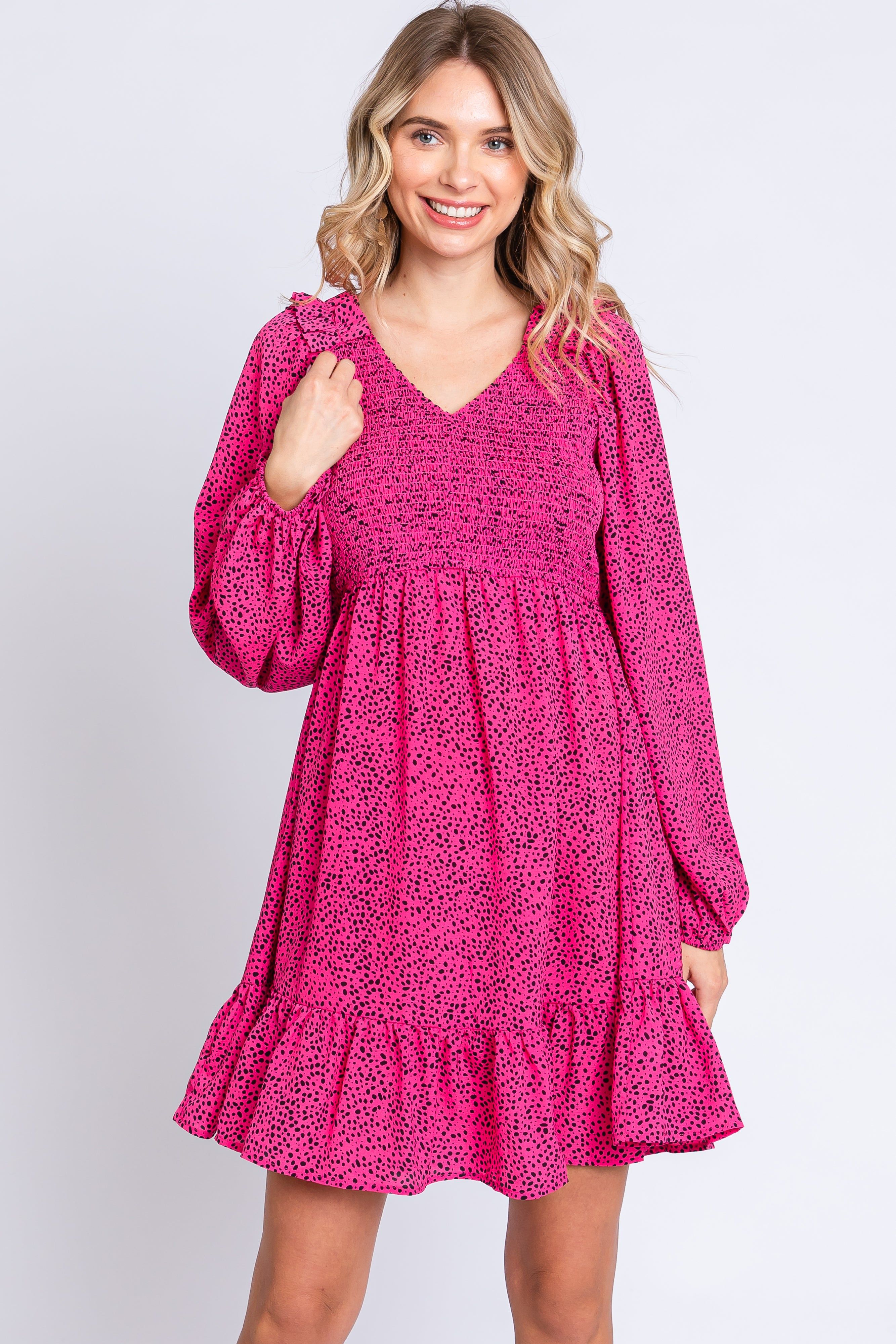 Fuchsia Dot Print Long Sleeve Ruffle Dress sold by Pinkblush