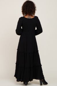 Black Smocked Tiered Midi Dress sold by Pinkblush