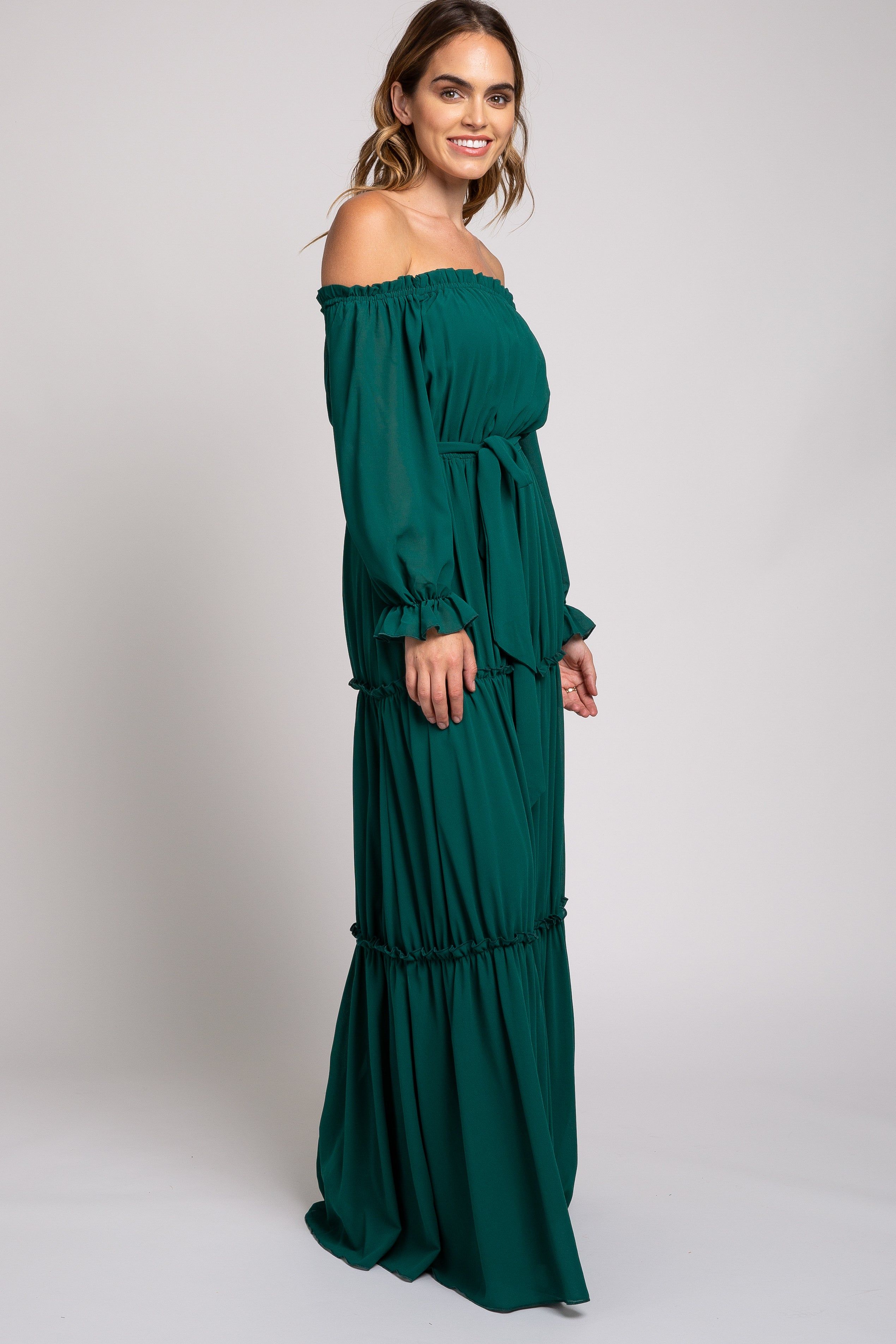 Forest Green Tiered Off Shoulder Maxi Dress sold by Pinkblush product image thumbnail 2